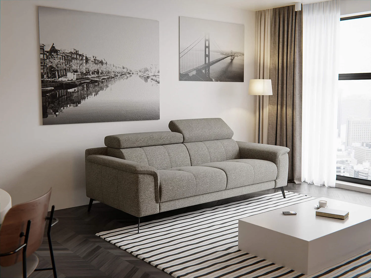 FIERO Sofa 3-Sitzer mit verstellbare Kopfstützen, taupe