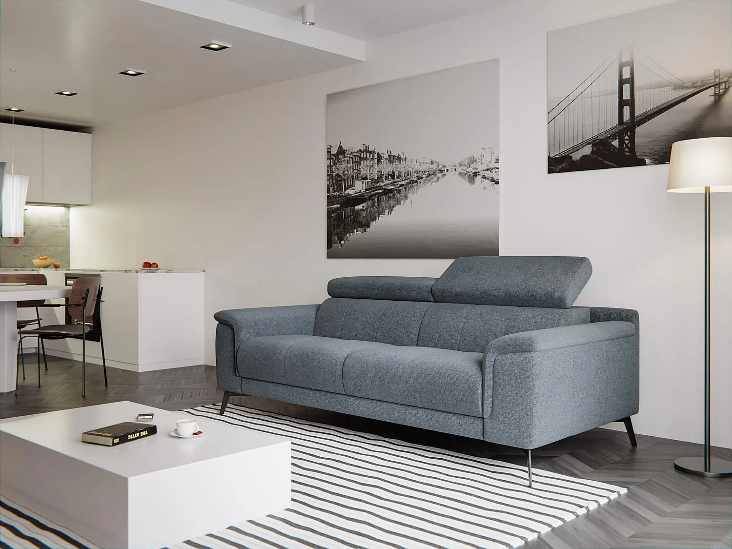 FIERO Sofa 3-Sitzer mit verstellbare Kopfstützen, dunkelgrau