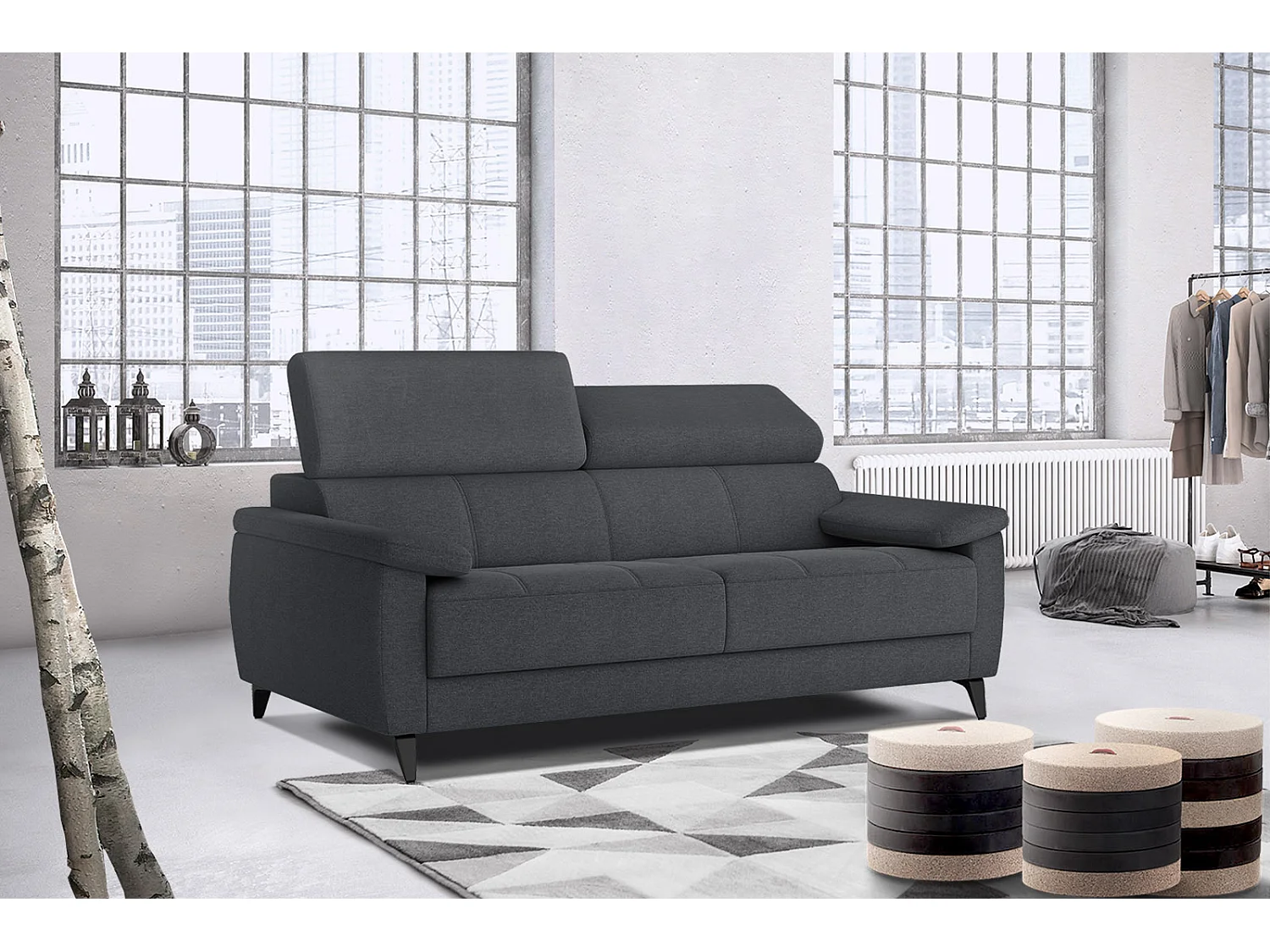 TAUNUS Sofa 3-Sitzer mit verstellbare Kopfstützen, graphit