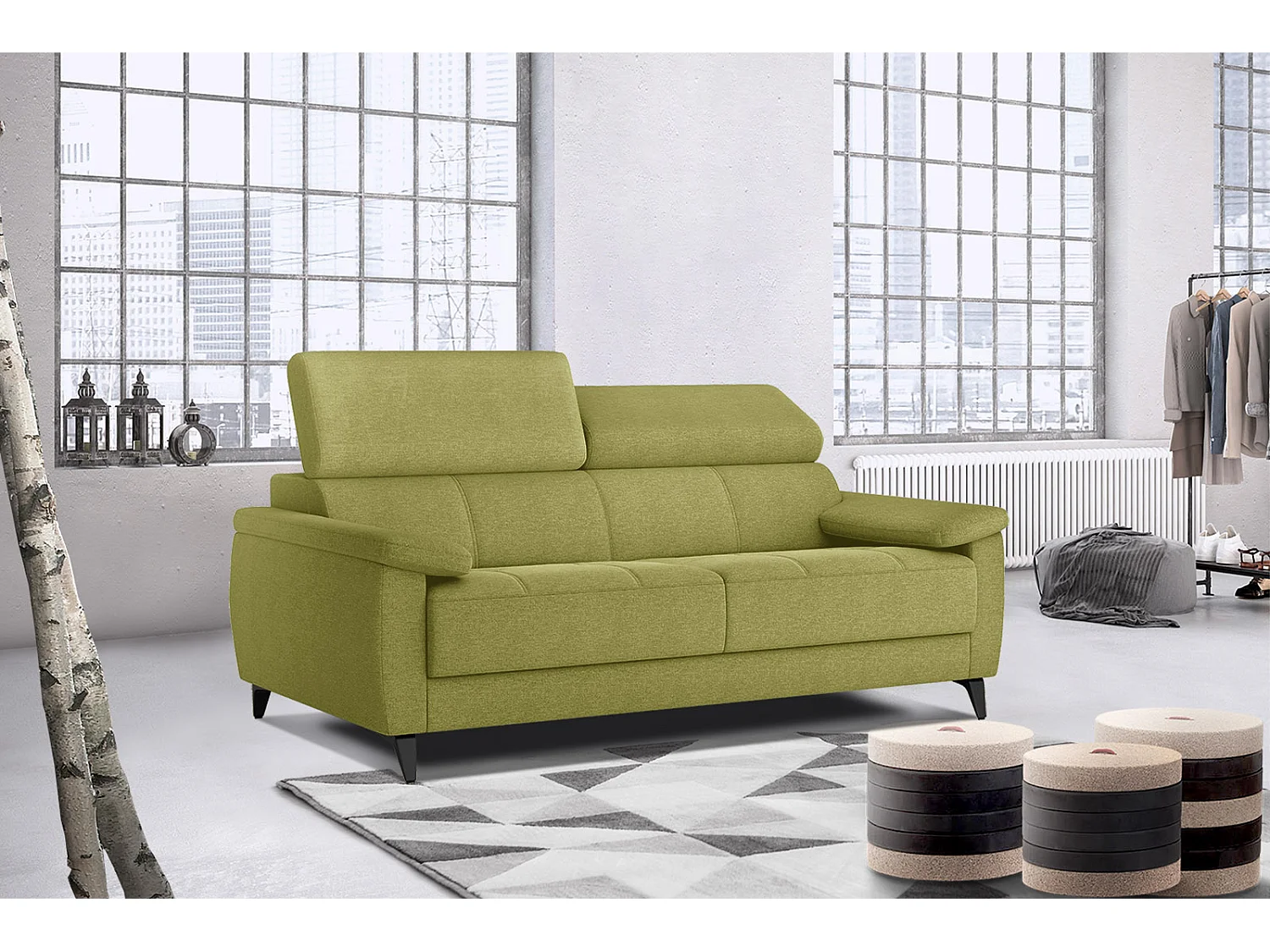 Canapé droit 3 places XXL tissu citron vert - TAUNUS