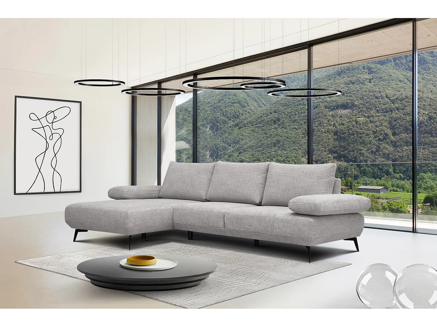 Canapé d'angle 4 places tissu gris platine - MELLO