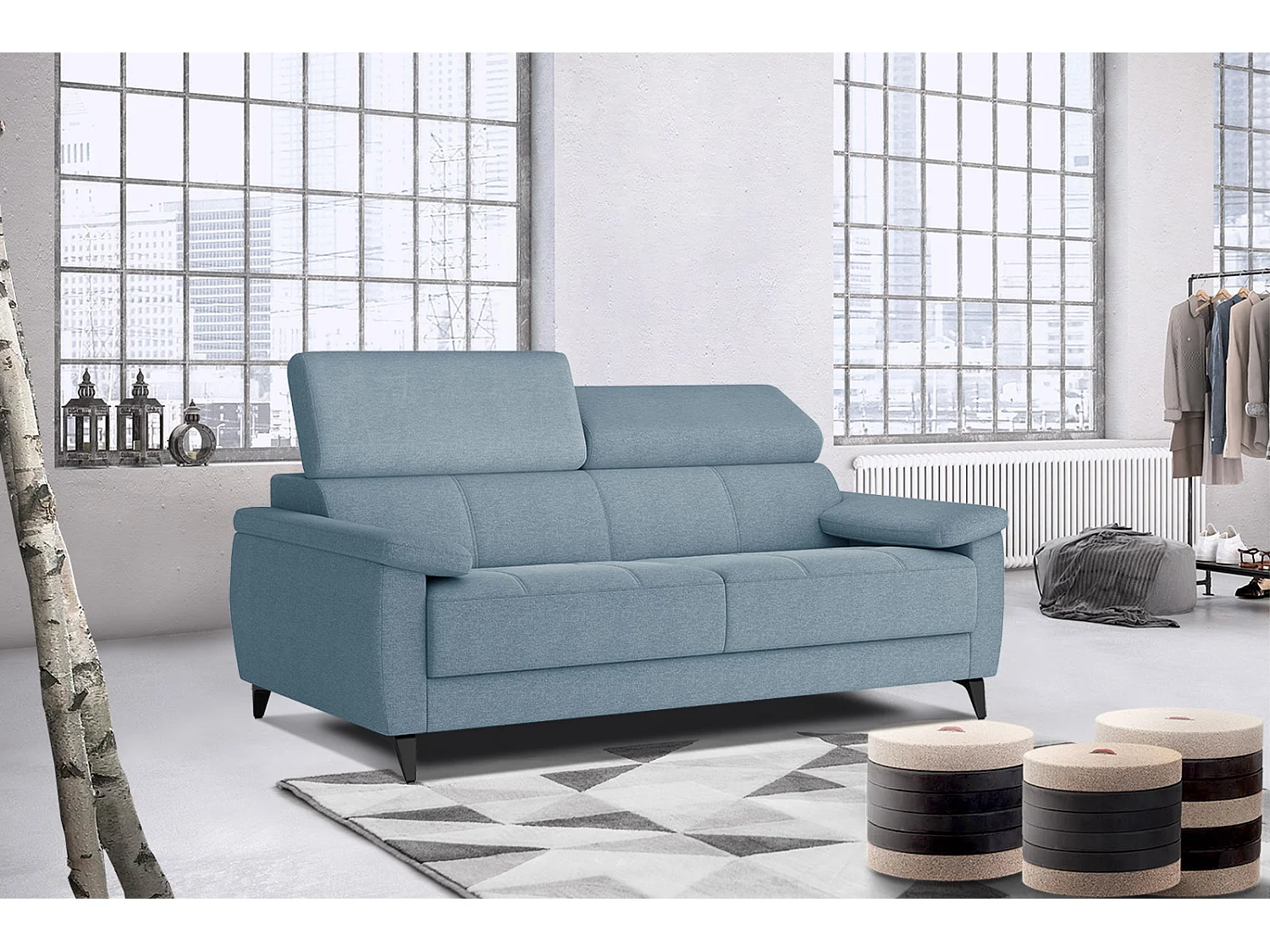 TAUNUS Sofa 3-Sitzer mit verstellbare Kopfstützen, hellblau