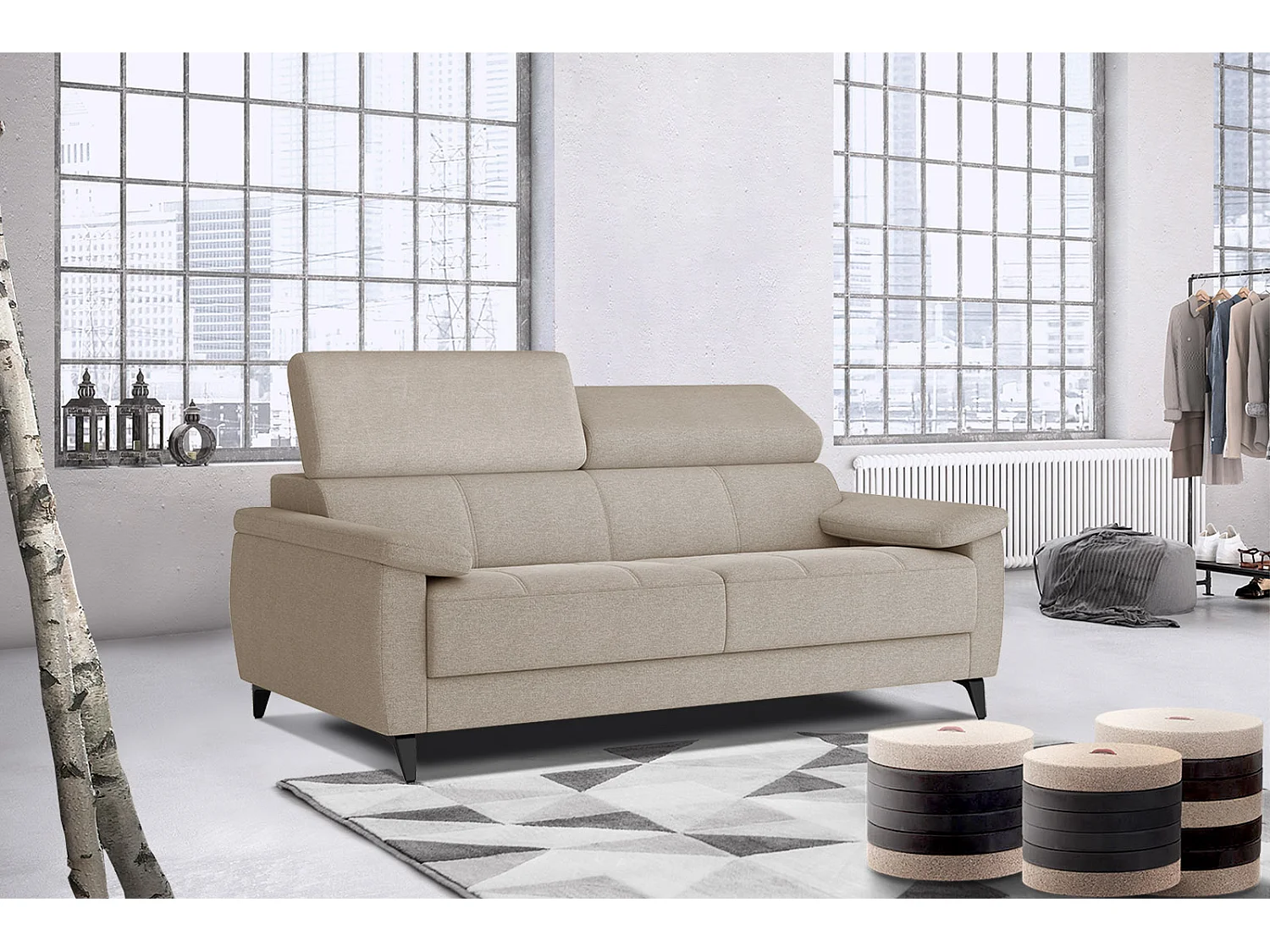 Canapé droit 3 places XXL tissu beige - TAUNUS