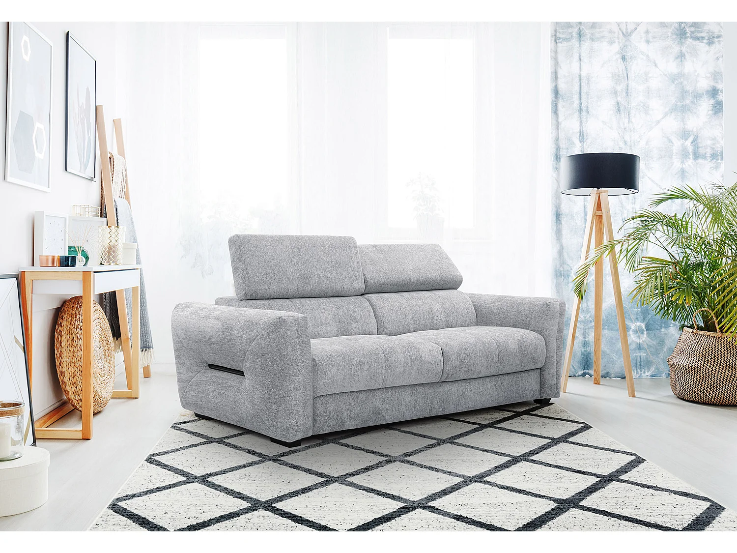 Canapé droit XXL 3 places tissu gris clair - CALVERA