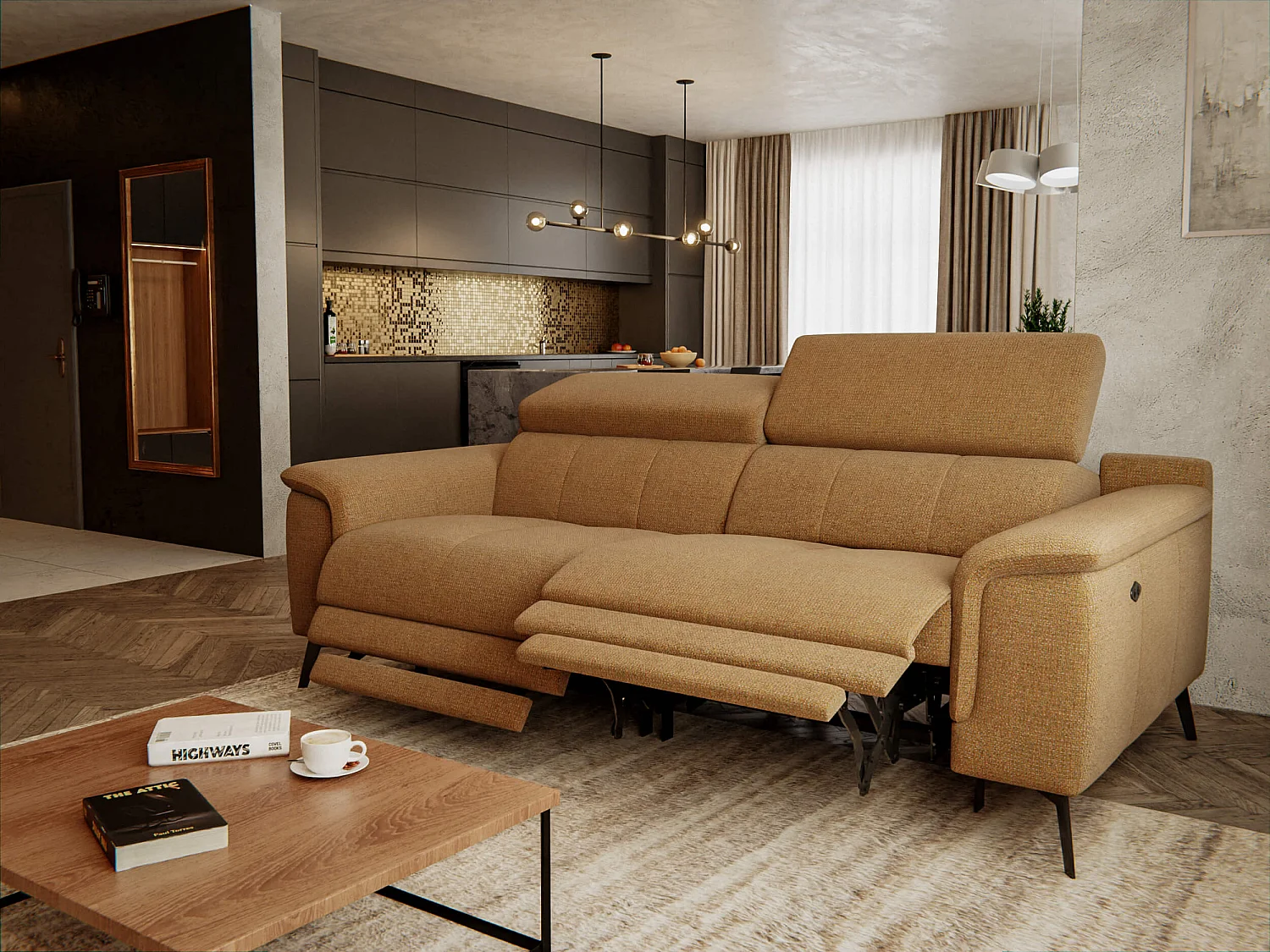 FIERO Sofa 3-Sitzer mit 2 Relaxfunktionen und verstellbare Kopfstützen, orange