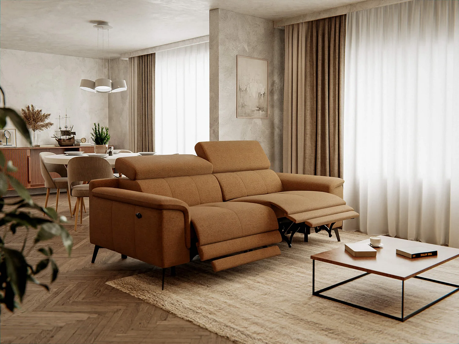 FIERO Sofa 3-Sitzer mit 2 Relaxfunktionen und verstellbare Kopfstützen, orange