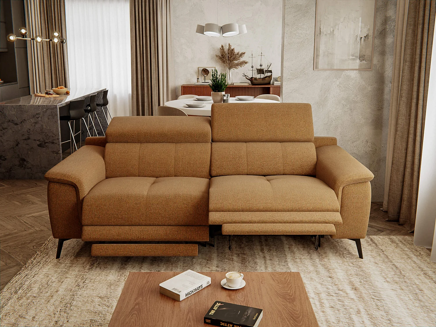 Canapé droit 3 places avec 2 relax électriques tissu jaune miel - FIERO