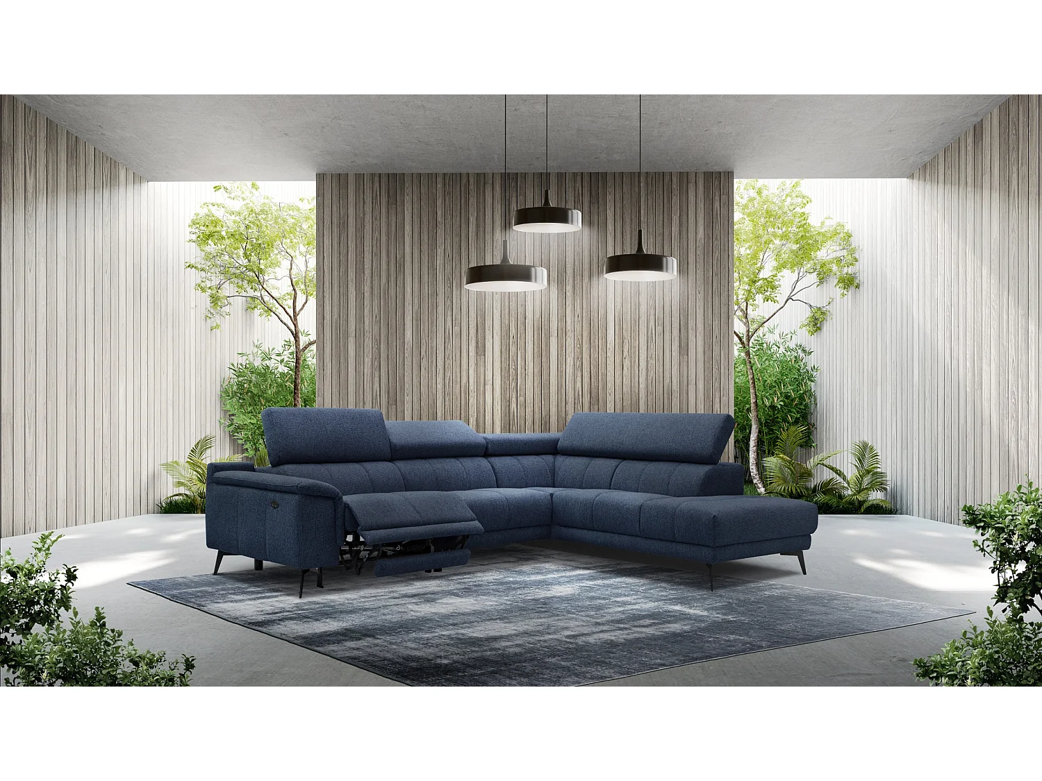 FIERO Ecksofa 5-Sitzer rechts mit 1 Relaxfunktion und verstellbare Kopfstützen, marineblau