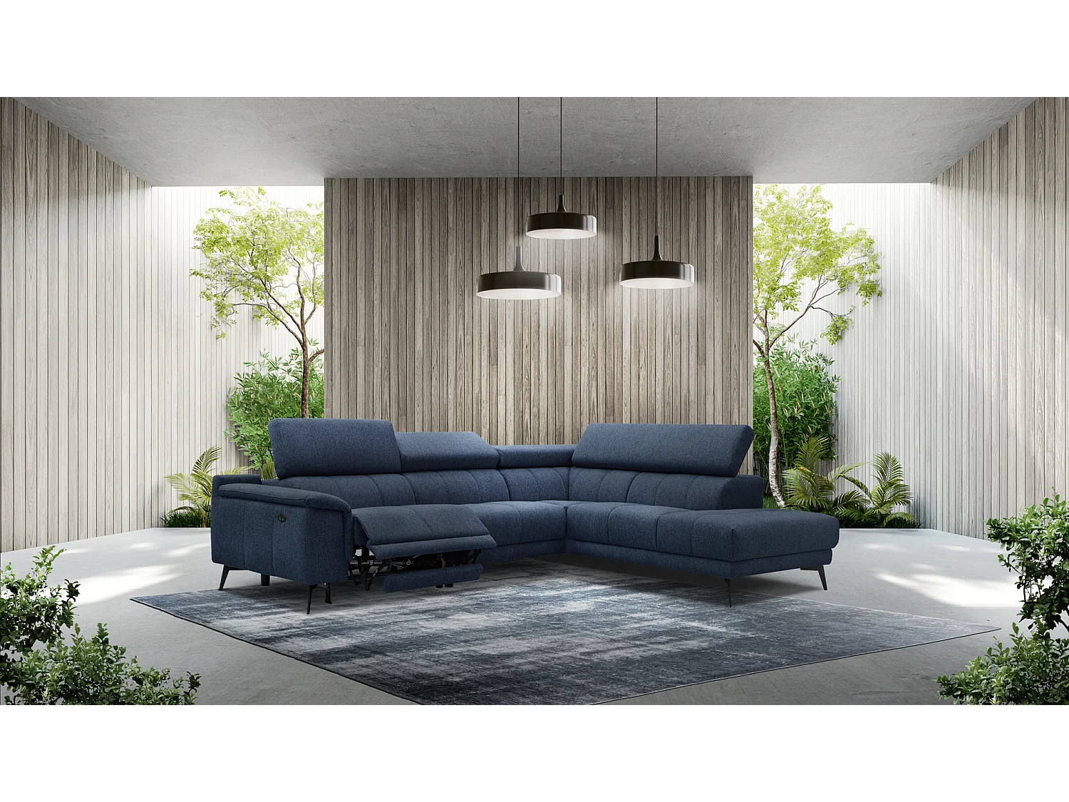 Canapé d'angle 5 places avec un relax électrique tissu bleu foncé - FIERO