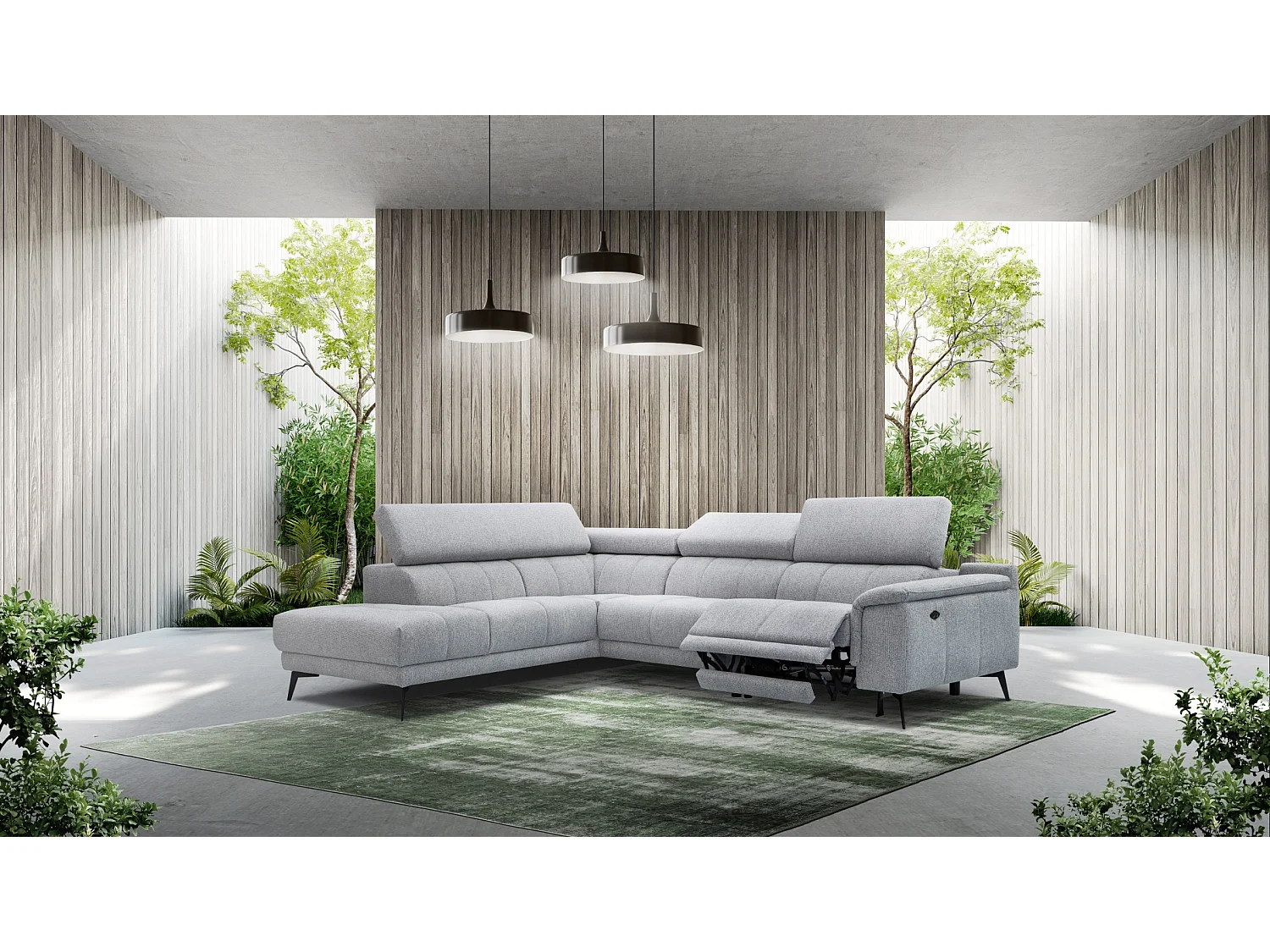 FIERO Ecksofa 5-Sitzer links mit 1 Relaxfunktion und verstellbare Kopfstützen, silbergrau