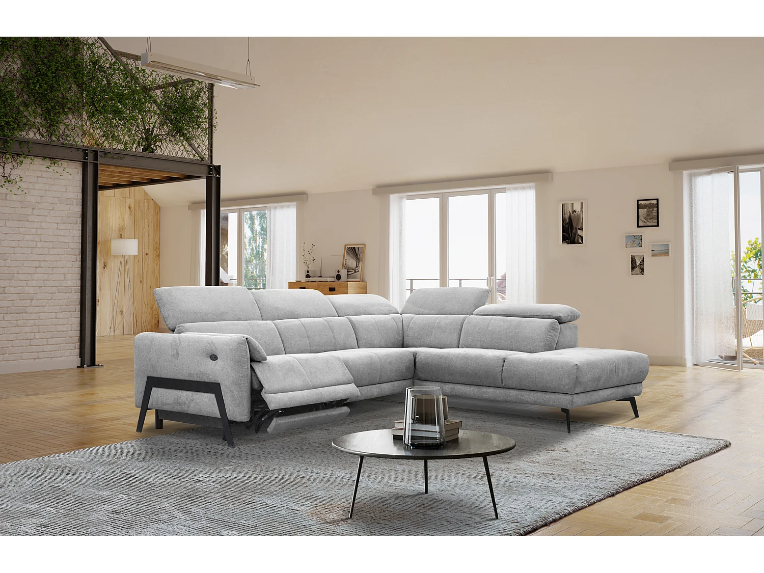 SCALA Ecksofa 5-Sitzer rechts mit 1 Relaxfunktion und verstellbare Kopfstützen, hellgrau