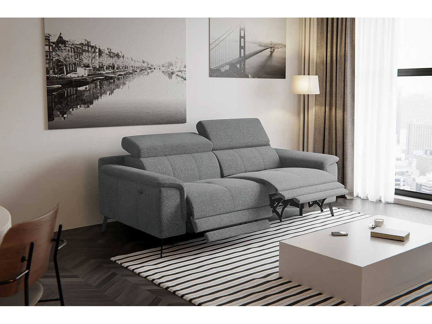 FIERO Sofa 3-Sitzer mit 2 Relaxfunktionen und verstellbare Kopfstützen, grau