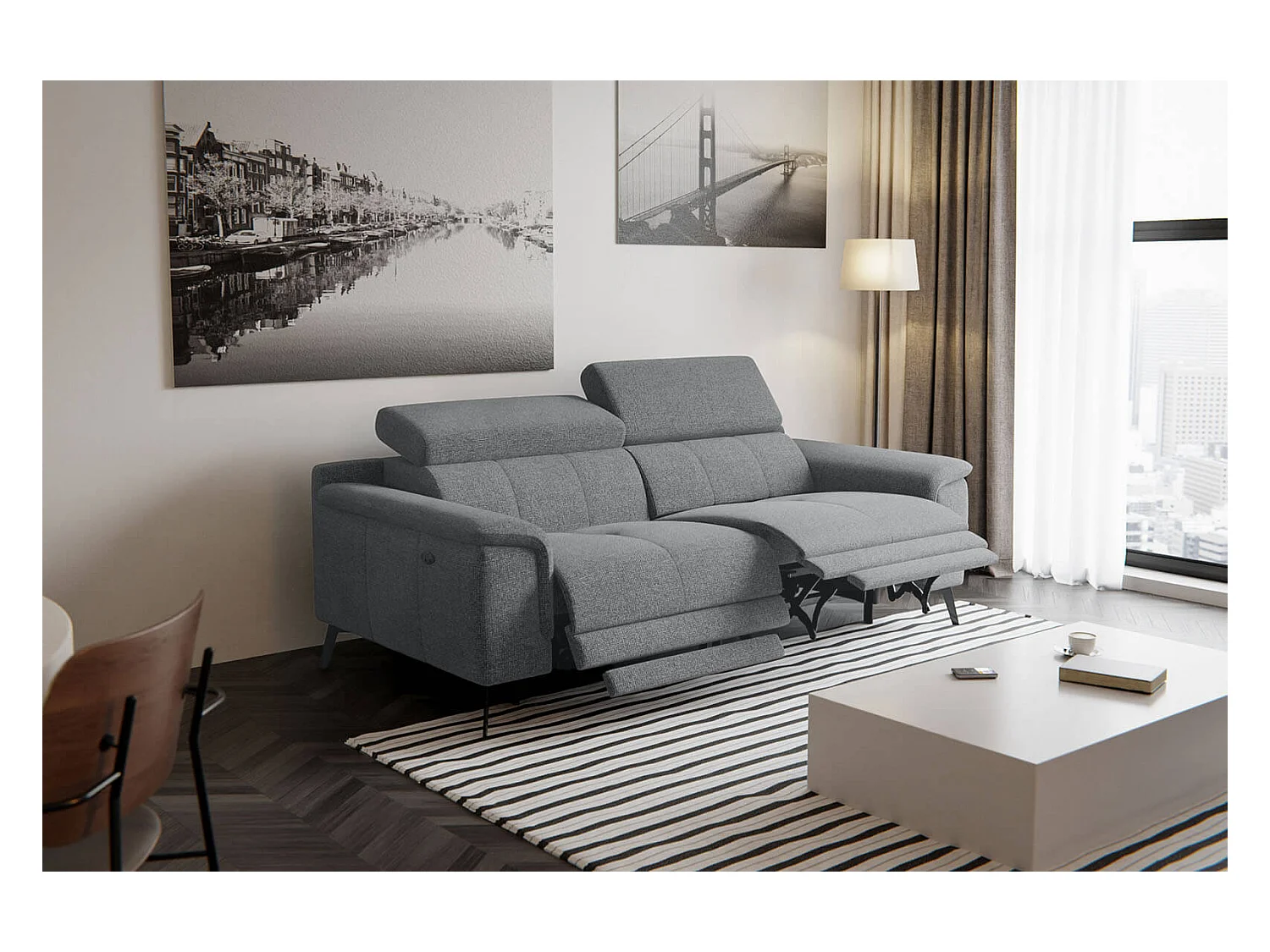 Canapé droit 3 places avec 2 relax électriques tissu gris - FIERO