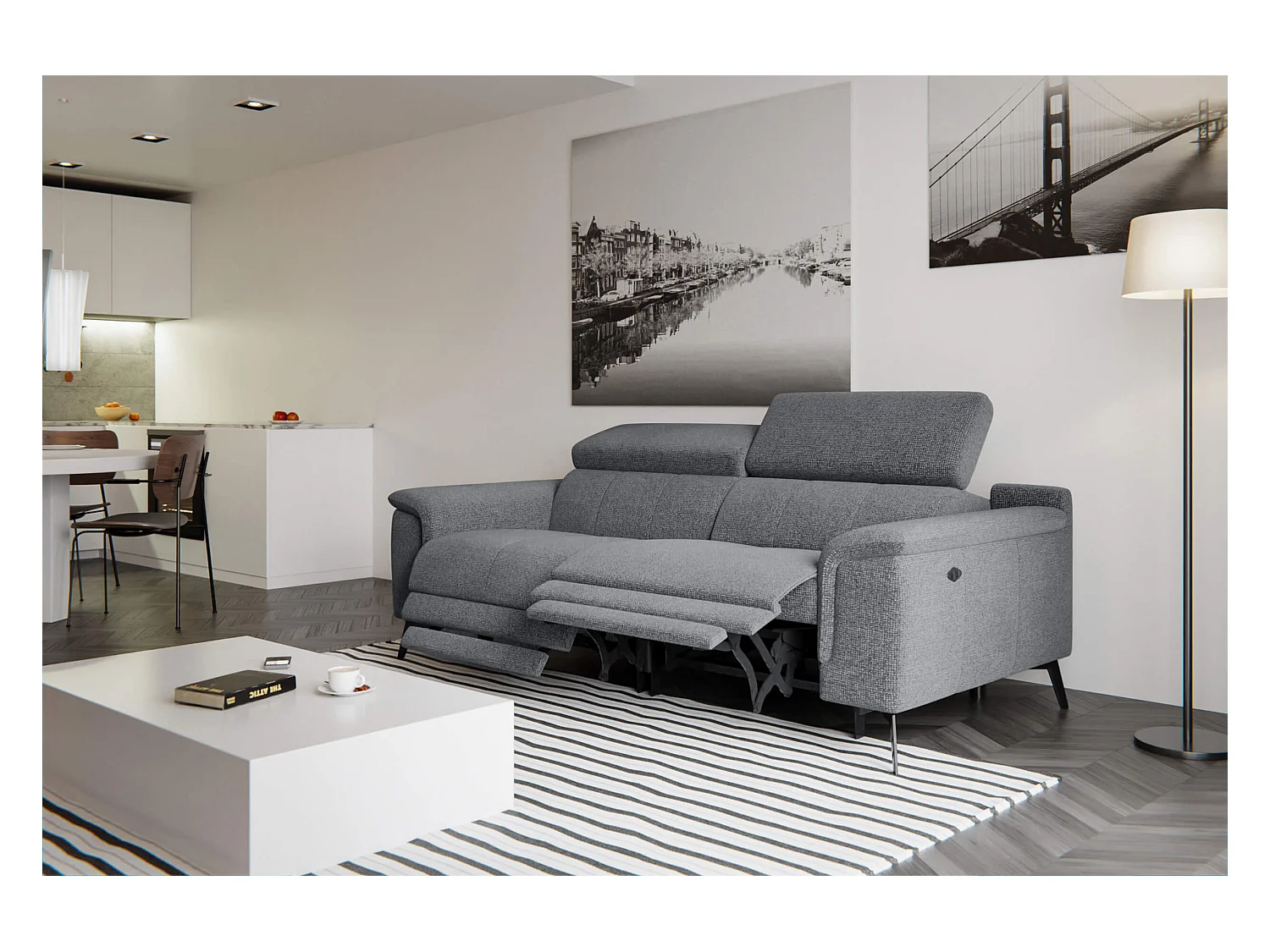Canapé droit 3 places avec 2 relax électriques tissu gris - FIERO