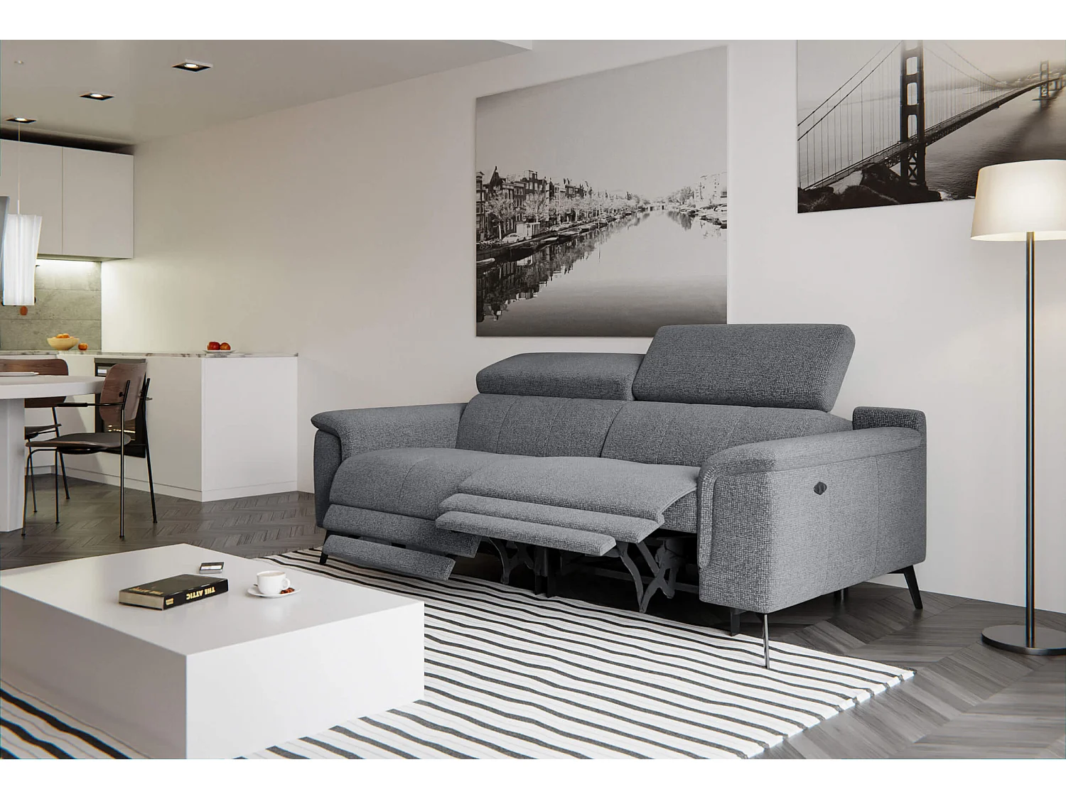 FIERO Sofa 3-Sitzer mit 2 Relaxfunktionen und verstellbare Kopfstützen, grau