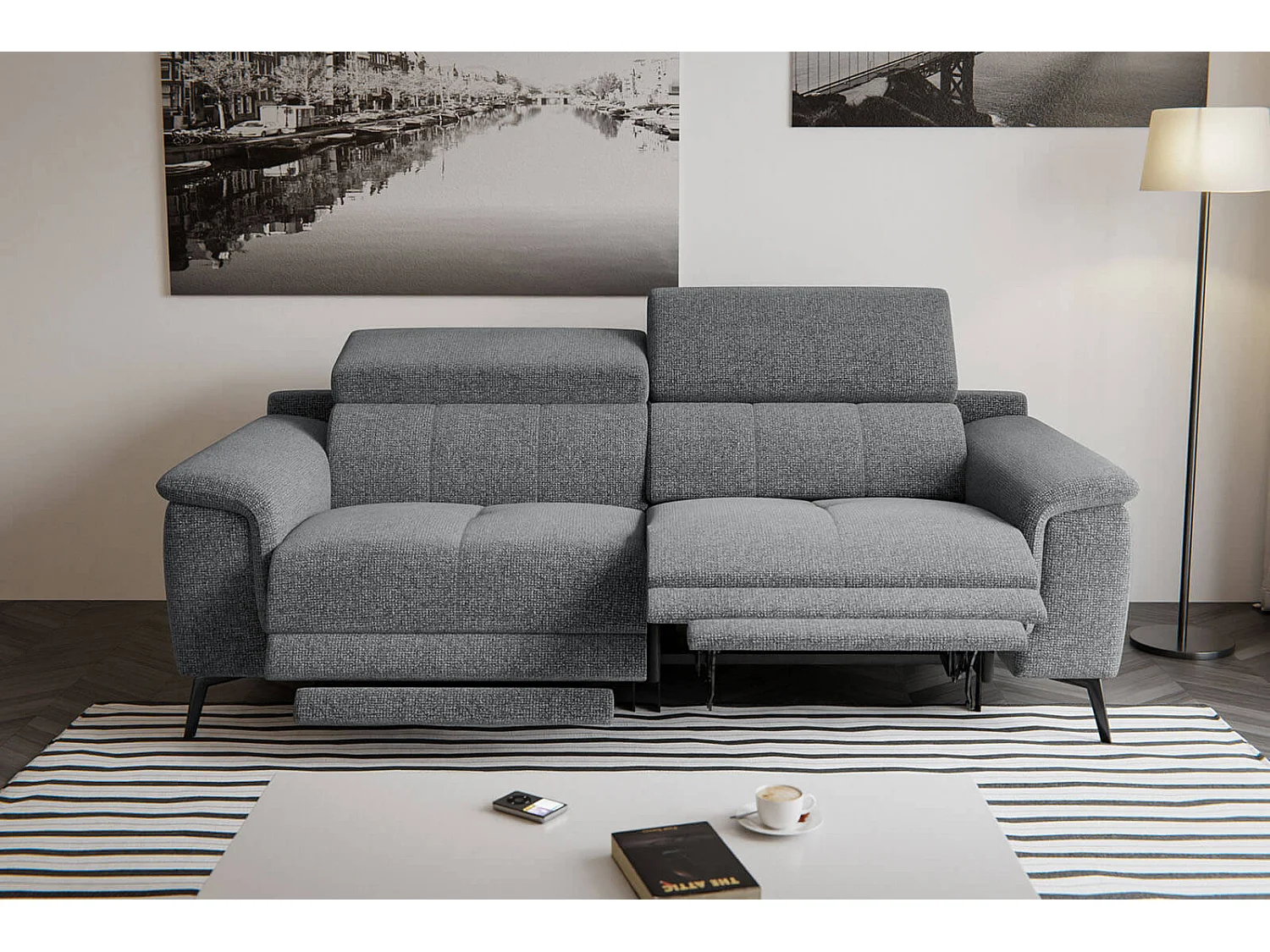 FIERO Sofa 3-Sitzer mit 2 Relaxfunktionen und verstellbare Kopfstützen, grau