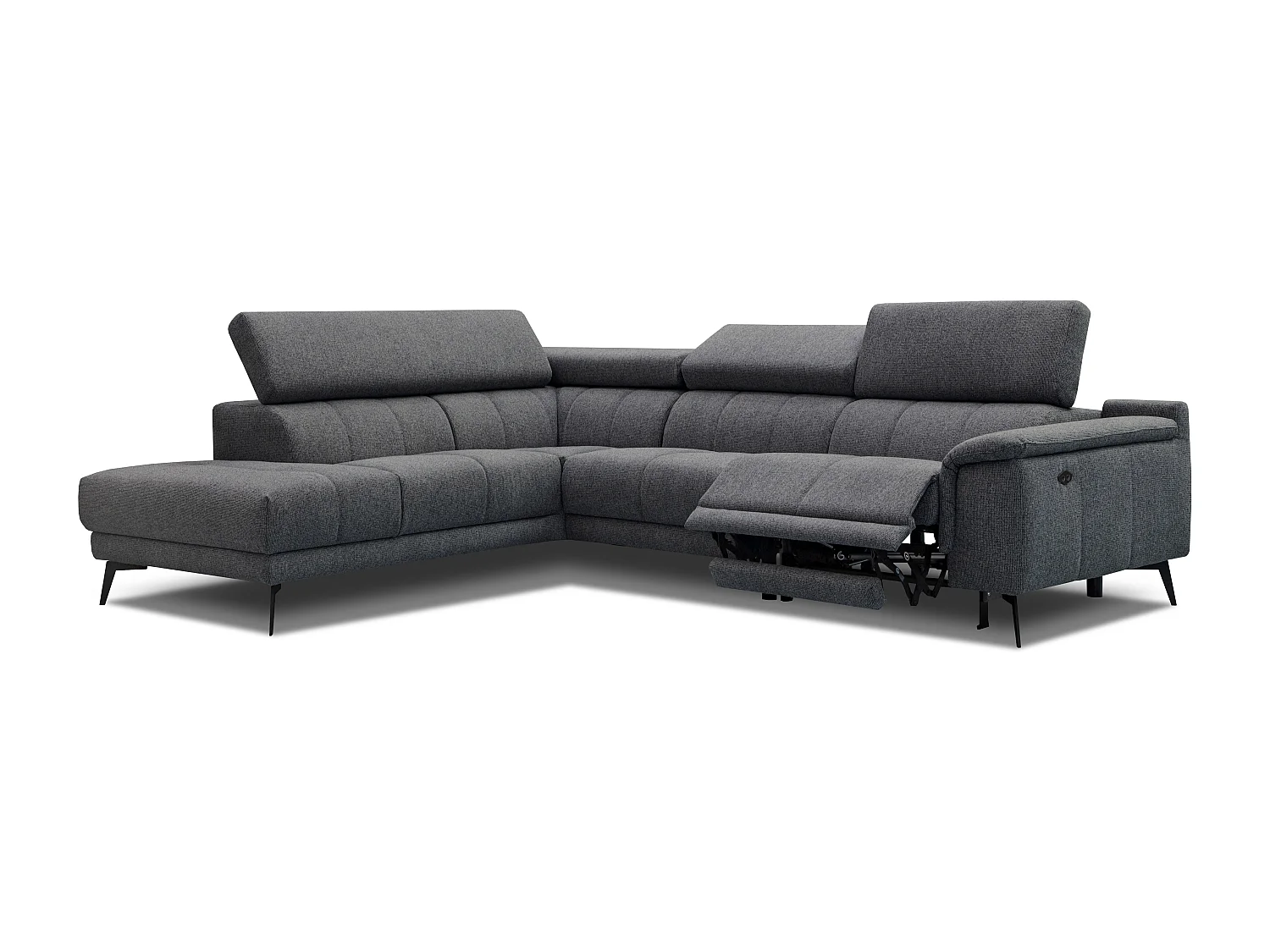 FIERO Ecksofa 5-Sitzer links mit 1 Relaxfunktion und verstellbare Kopfstützen, dunkelgrau