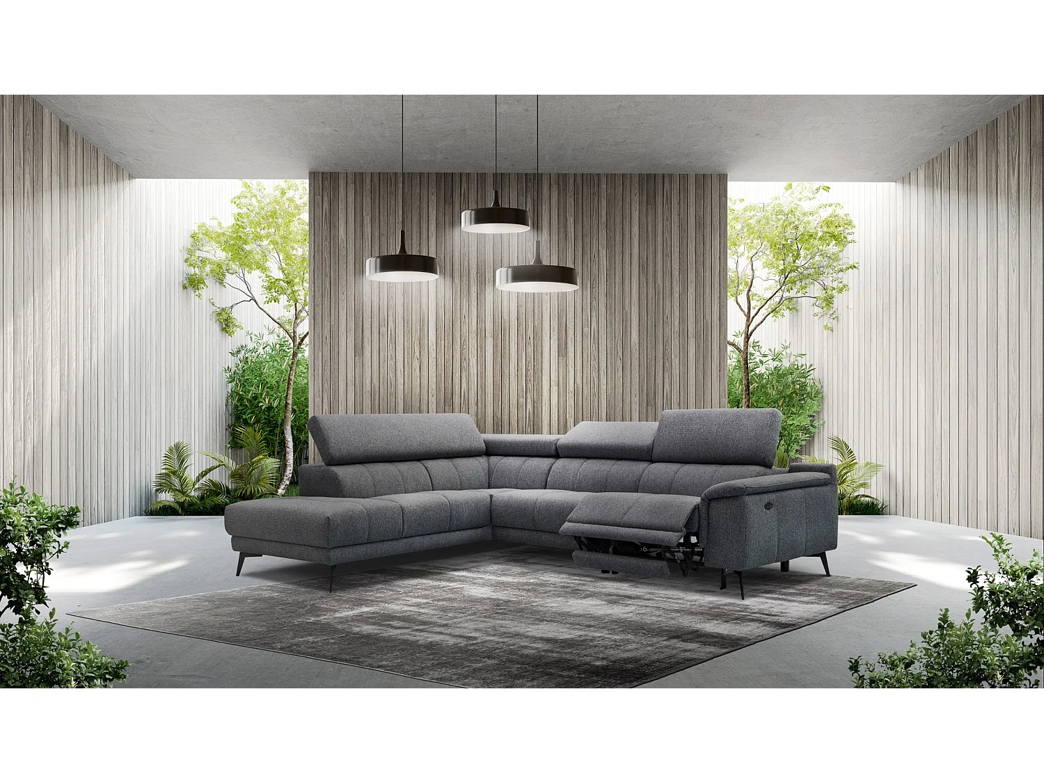 FIERO Ecksofa 5-Sitzer links mit 1 Relaxfunktion und verstellbare Kopfstützen, dunkelgrau