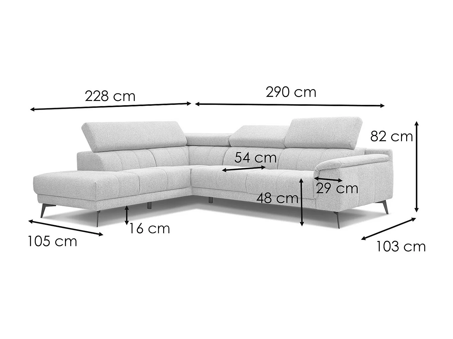 FIERO Ecksofa 5-Sitzer links mit 1 Relaxfunktion und verstellbare Kopfstützen, dunkelgrau