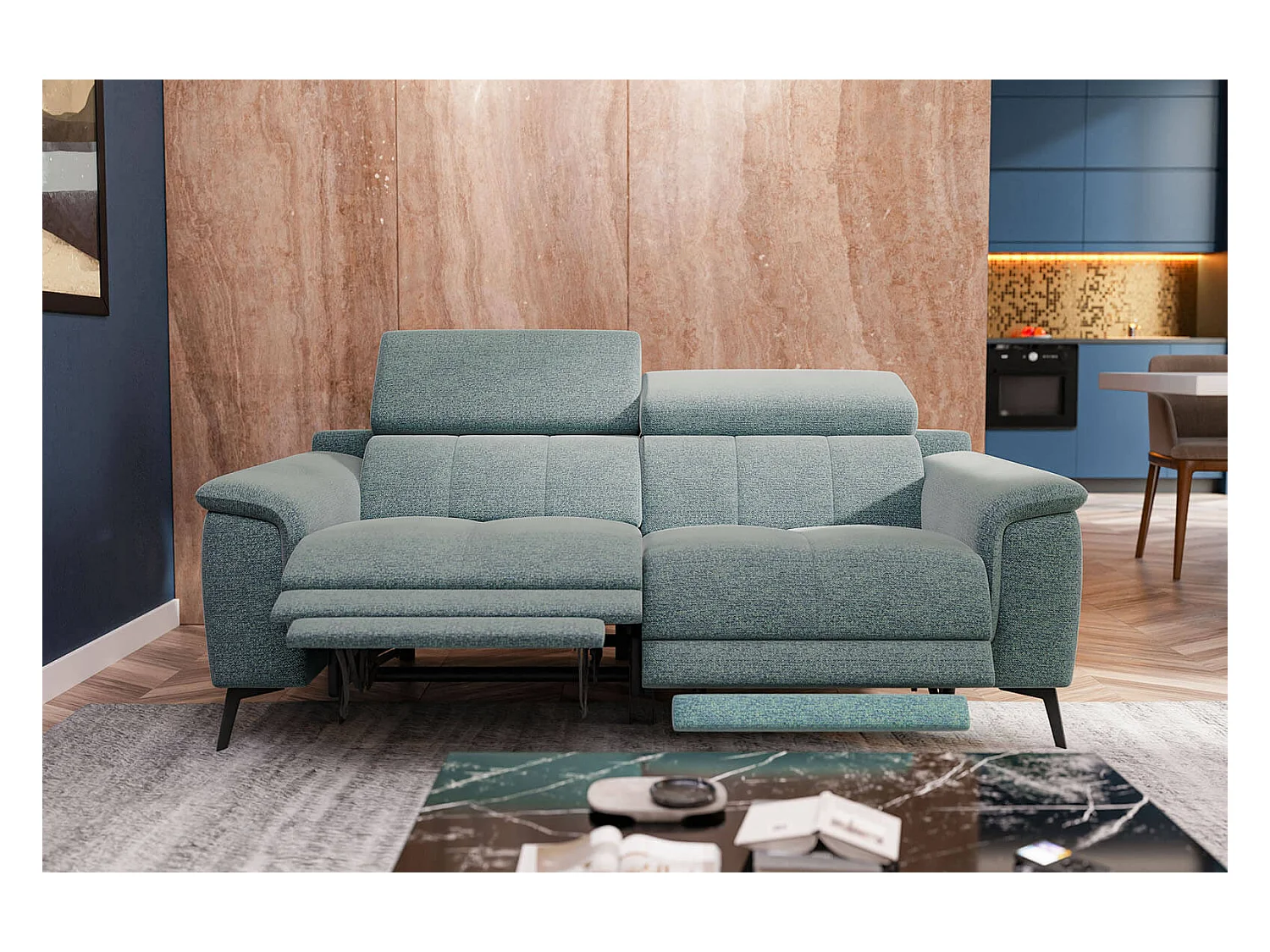Canapé droit 3 places avec 2 relax électriques tissu turquoise - FIERO