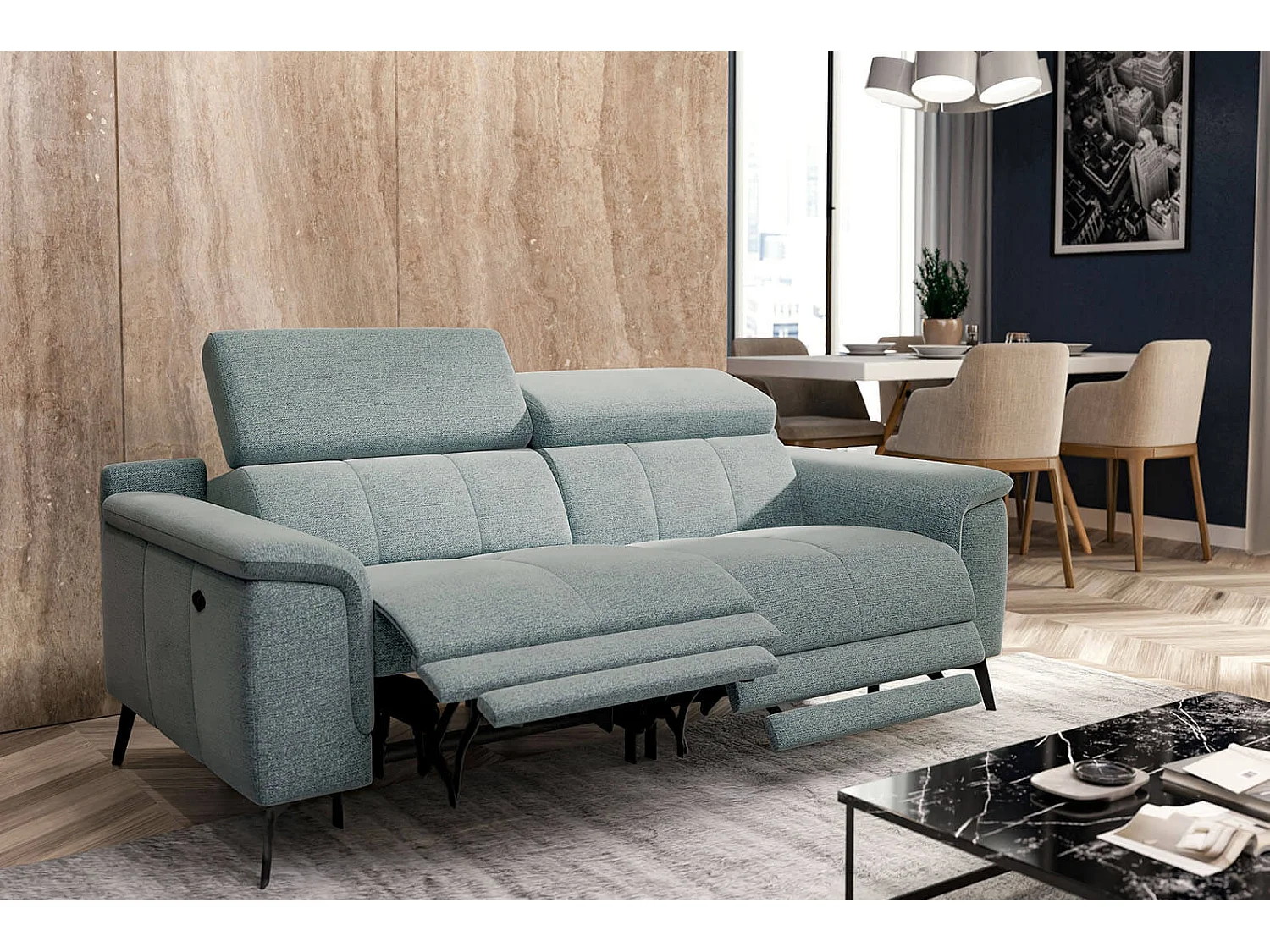 FIERO Sofa 3-Sitzer mit 2 Relaxfunktionen und verstellbare Kopfstützen, mint
