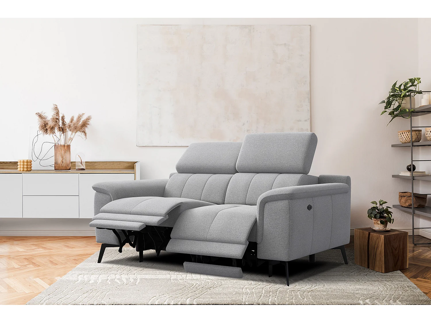 Canapé droit avec 2 relax électriques tissu gris platine - FIERO