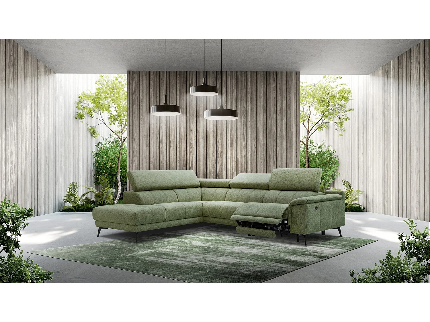 Canapé d'angle 5 places avec un relax électrique tissu vert olive - FIERO