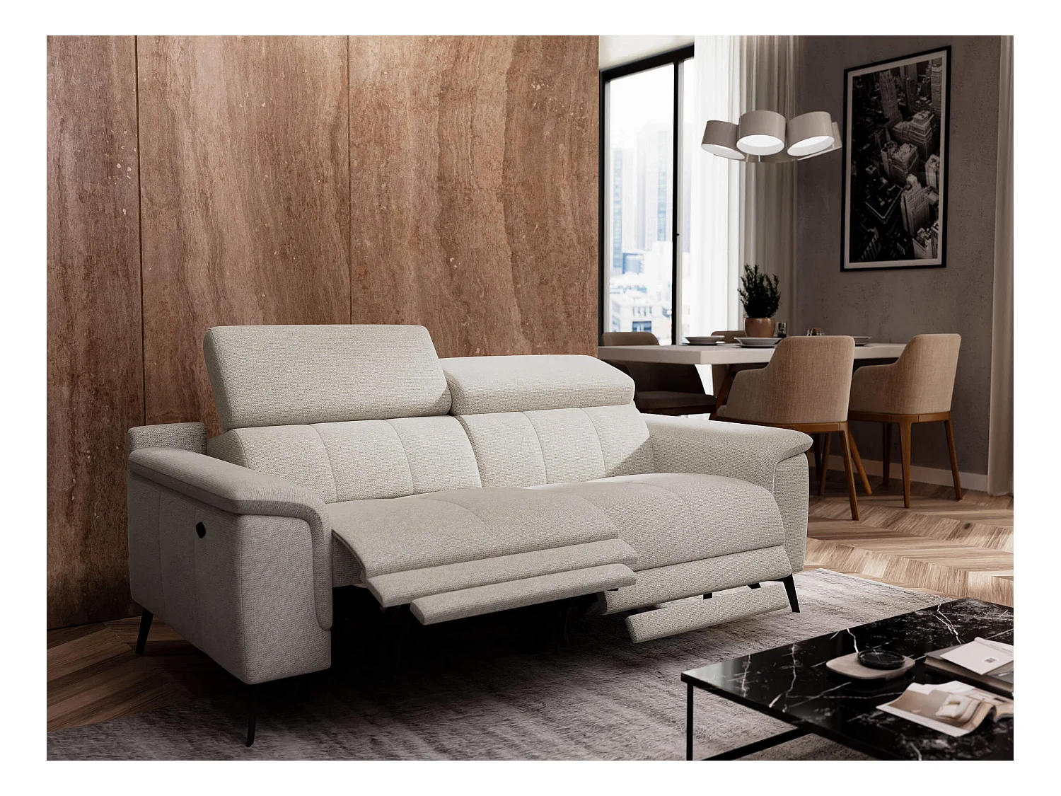 FIERO Sofa 3-Sitzer mit 2 Relaxfunktionen und verstellbare Kopfstützen, creme