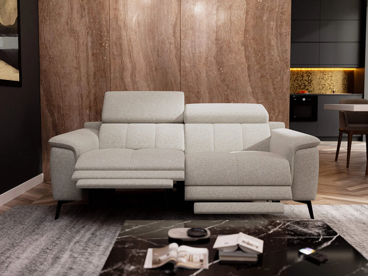 FIERO Sofa 3-Sitzer mit 2 Relaxfunktionen und verstellbare Kopfstützen, creme