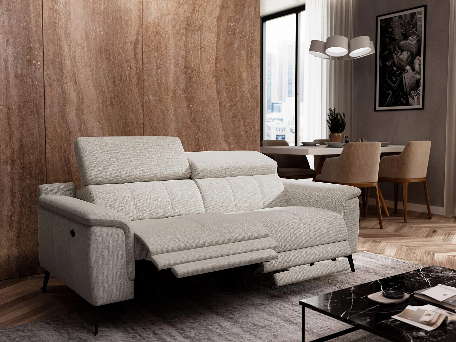 FIERO Sofa 3-Sitzer mit 2 Relaxfunktionen und verstellbare Kopfstützen, creme