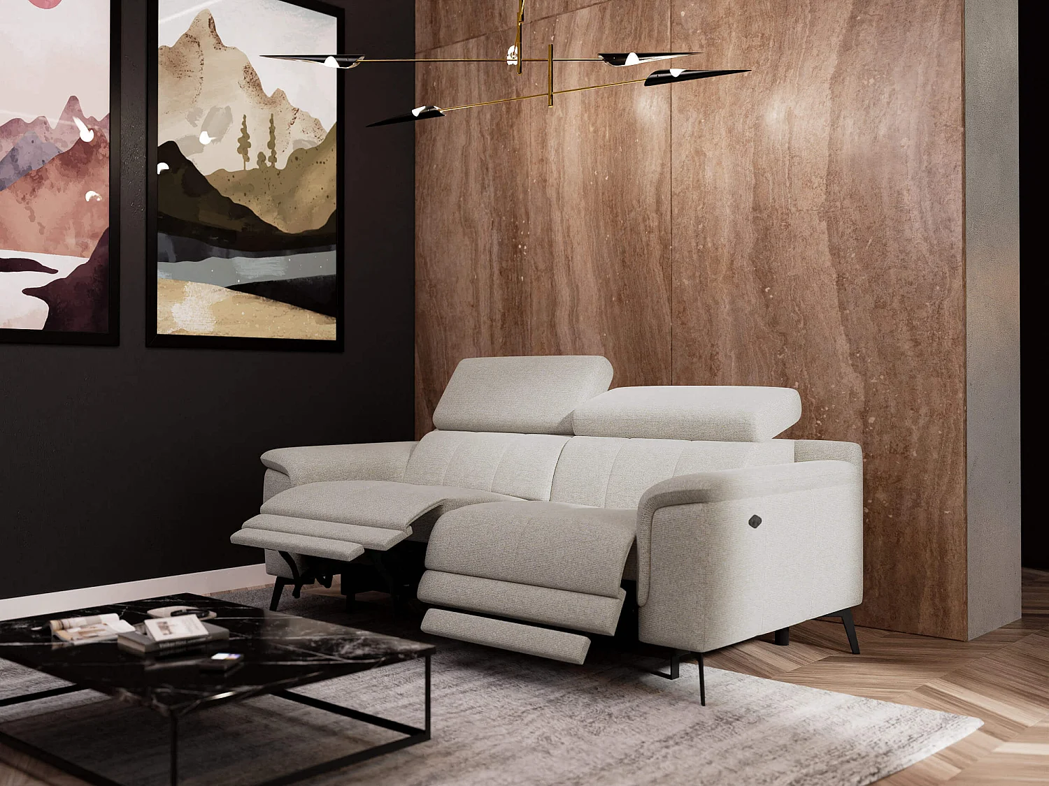 Canapé droit 3 places avec 2 relax électriques tissu gris pérlé - FIERO