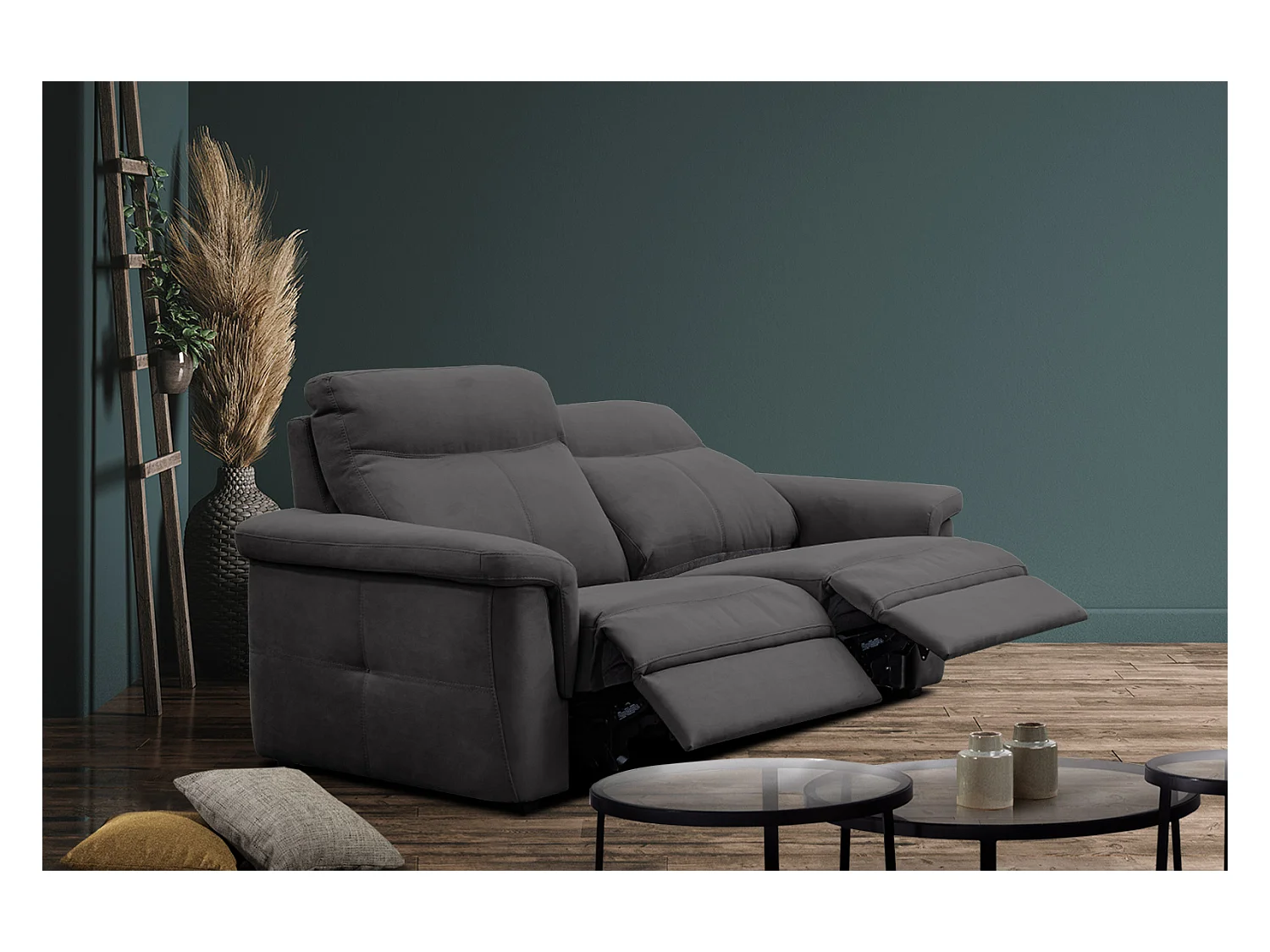 Canapé droit 3 places tissu gris noir avec relax électrique - JONES
