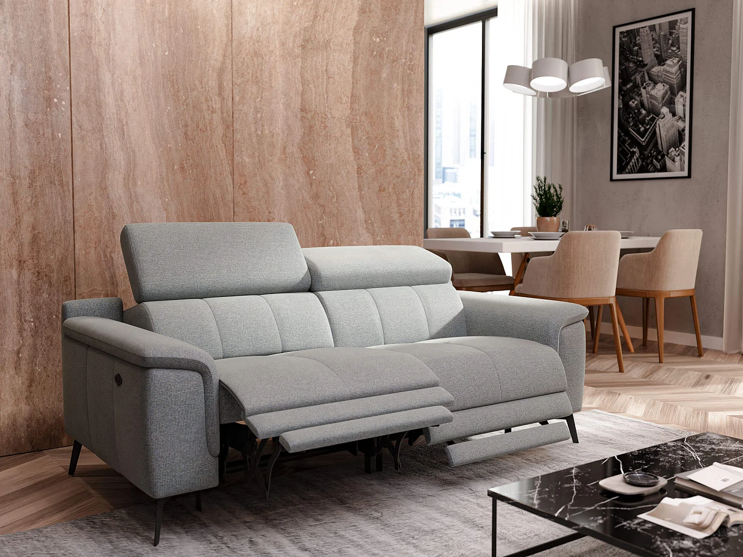 FIERO Sofa 3-Sitzer mit 2 Relaxfunktionen und verstellbare Kopfstützen, silbergrau