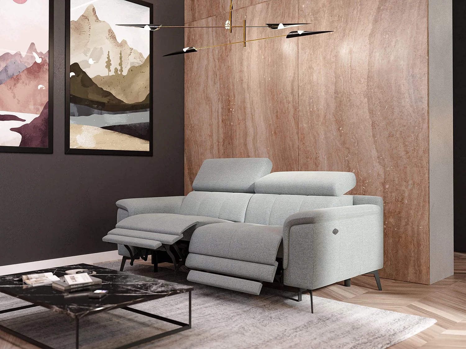 FIERO Sofa 3-Sitzer mit 2 Relaxfunktionen und verstellbare Kopfstützen, silbergrau