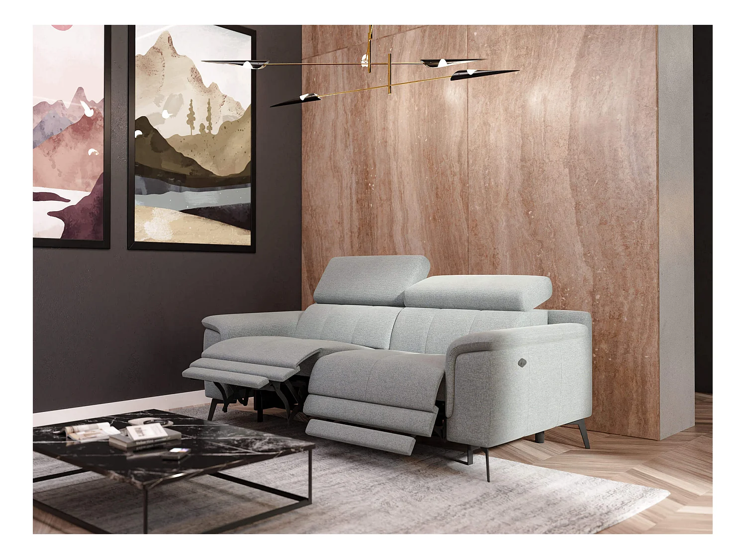 Canapé droit 3 places avec 2 relax électriques tissu argenté  - FIERO