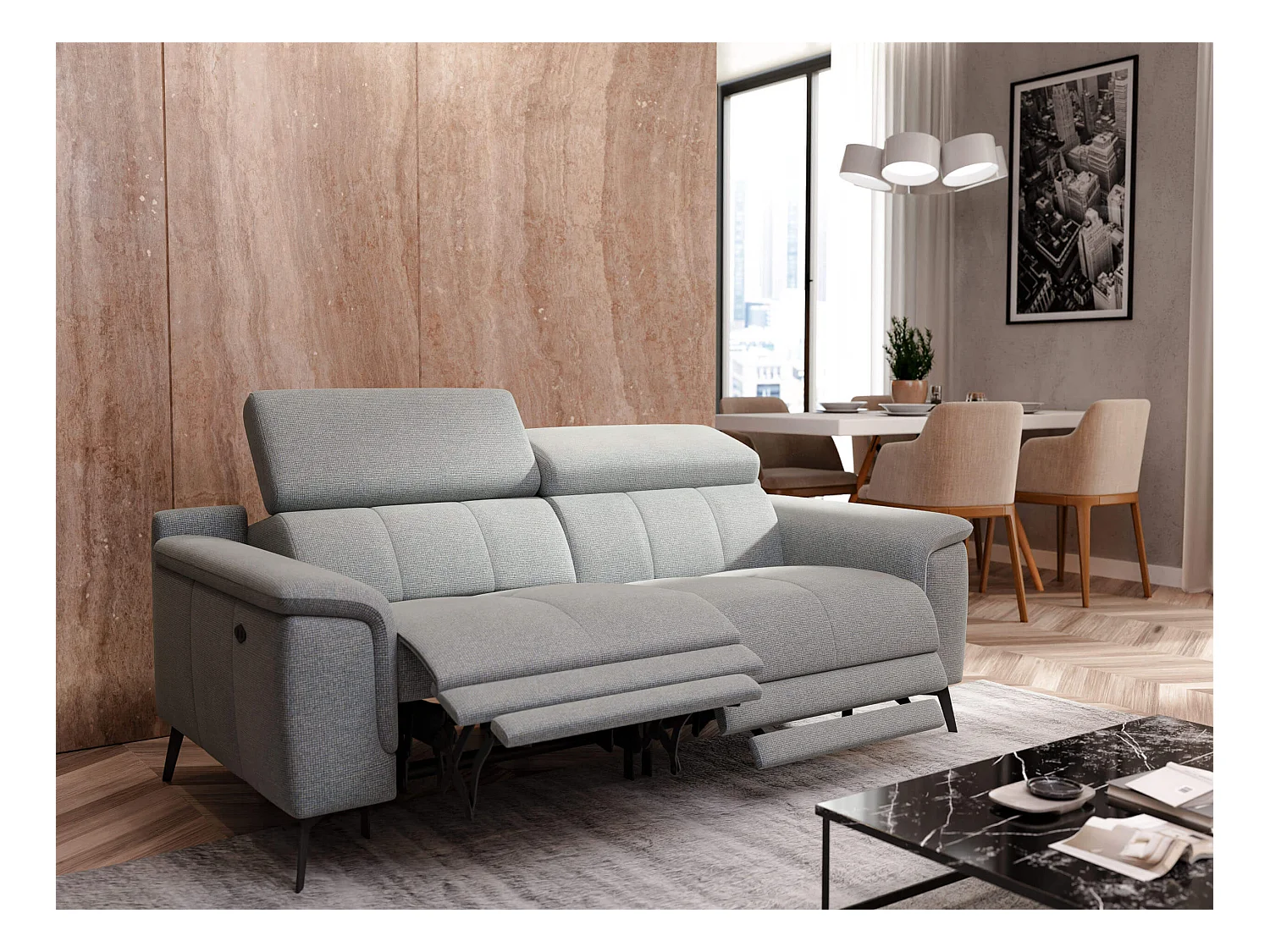 Canapé droit 3 places avec 2 relax électriques tissu argenté  - FIERO