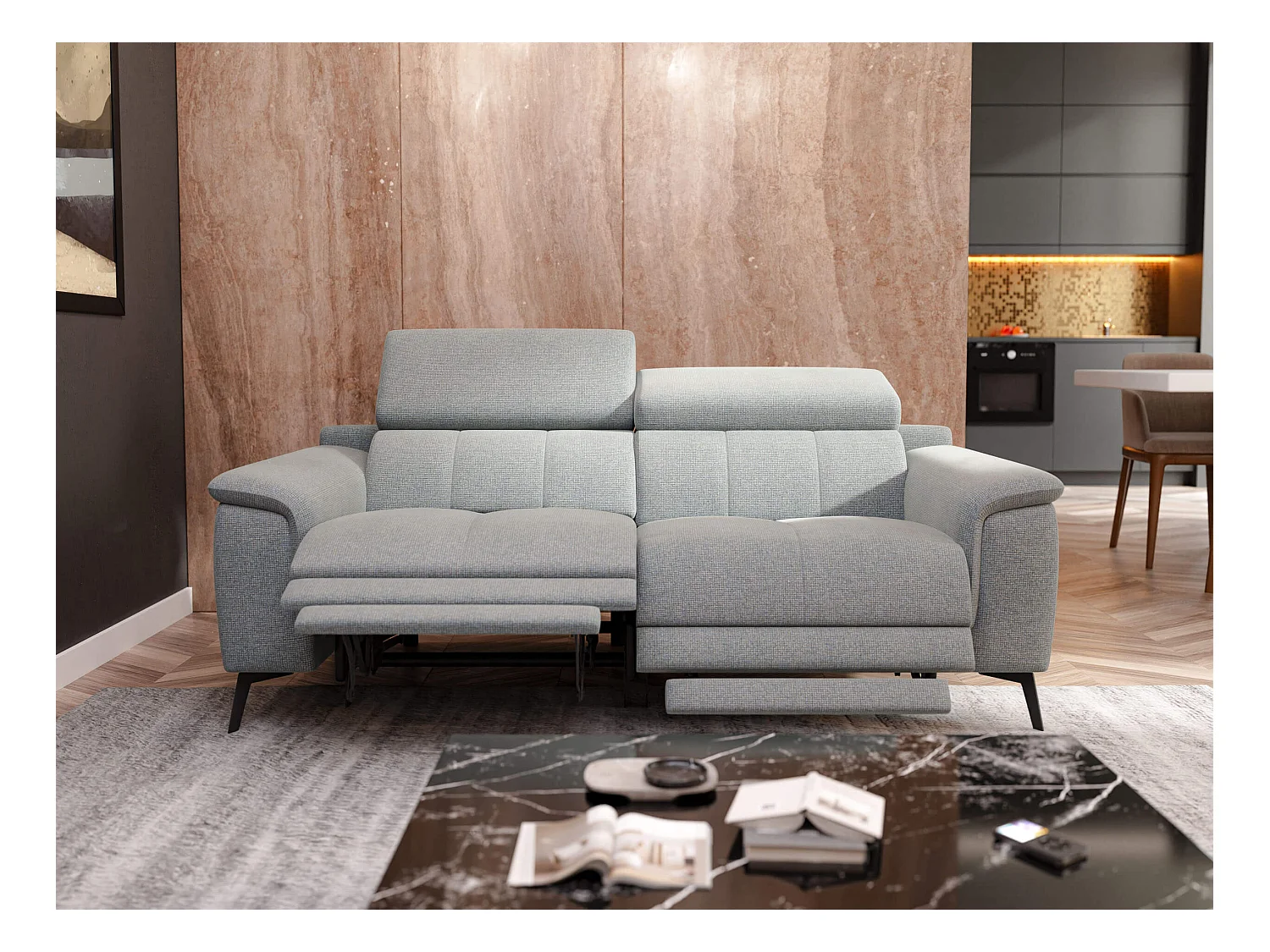 Canapé droit 3 places avec 2 relax électriques tissu argenté  - FIERO