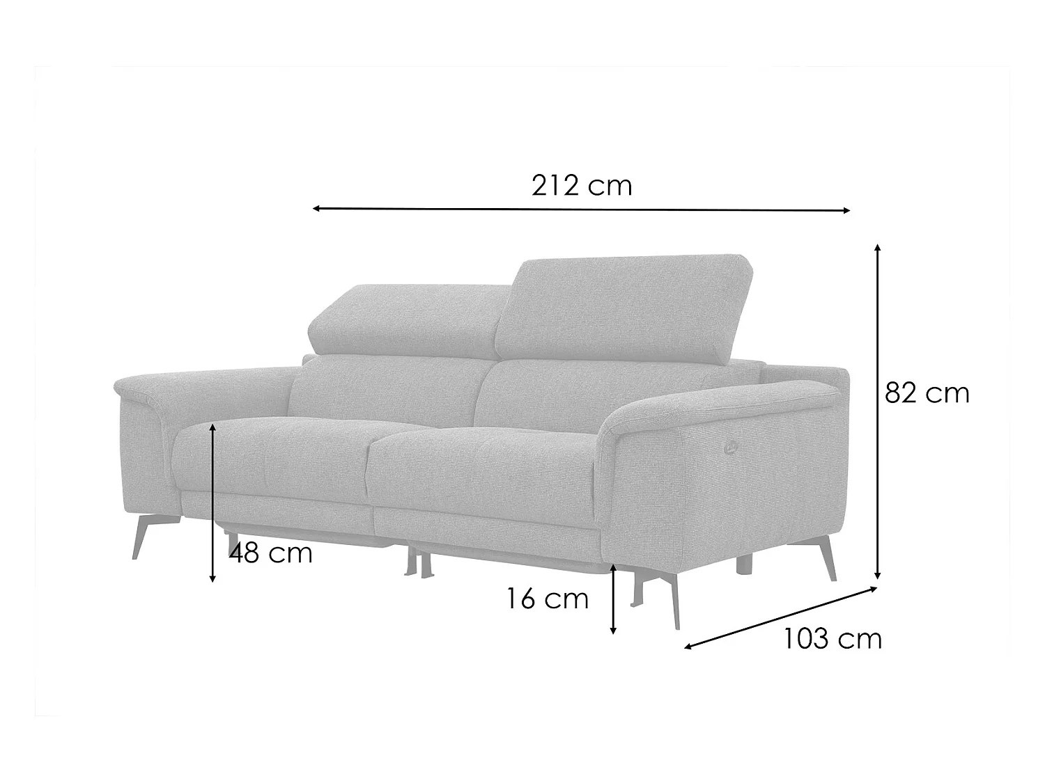 Canapé droit 3 places avec 2 relax électriques tissu argenté  - FIERO