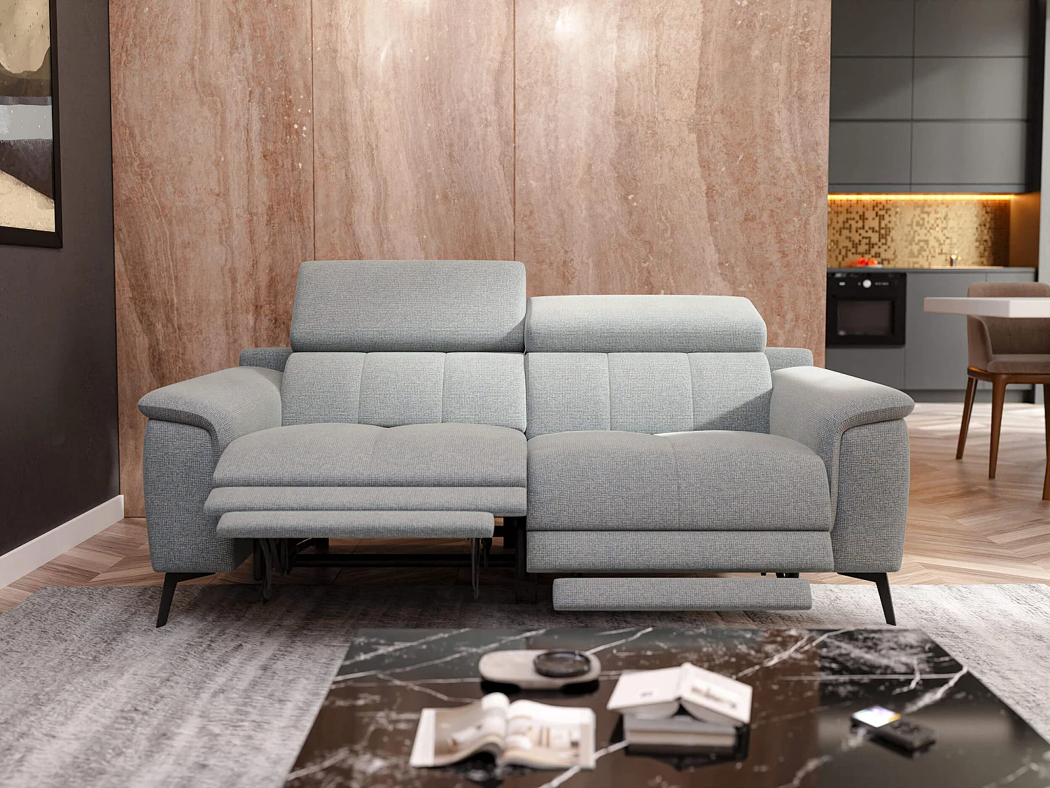 Canapé droit 3 places avec 2 relax électriques tissu argenté  - FIERO