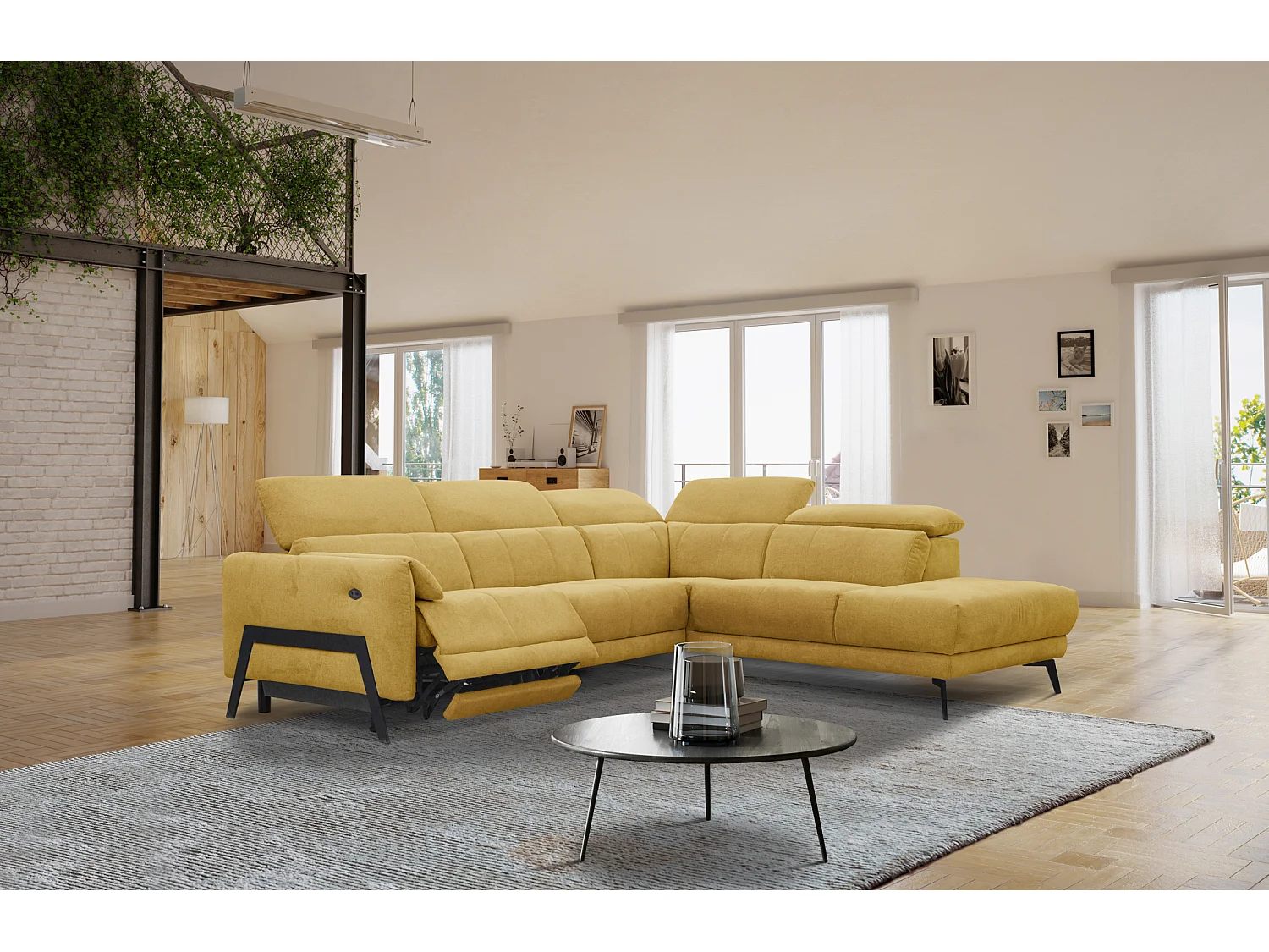 Canapé d'angle 5 places avec un relax électrique tissu jaune - SCALA