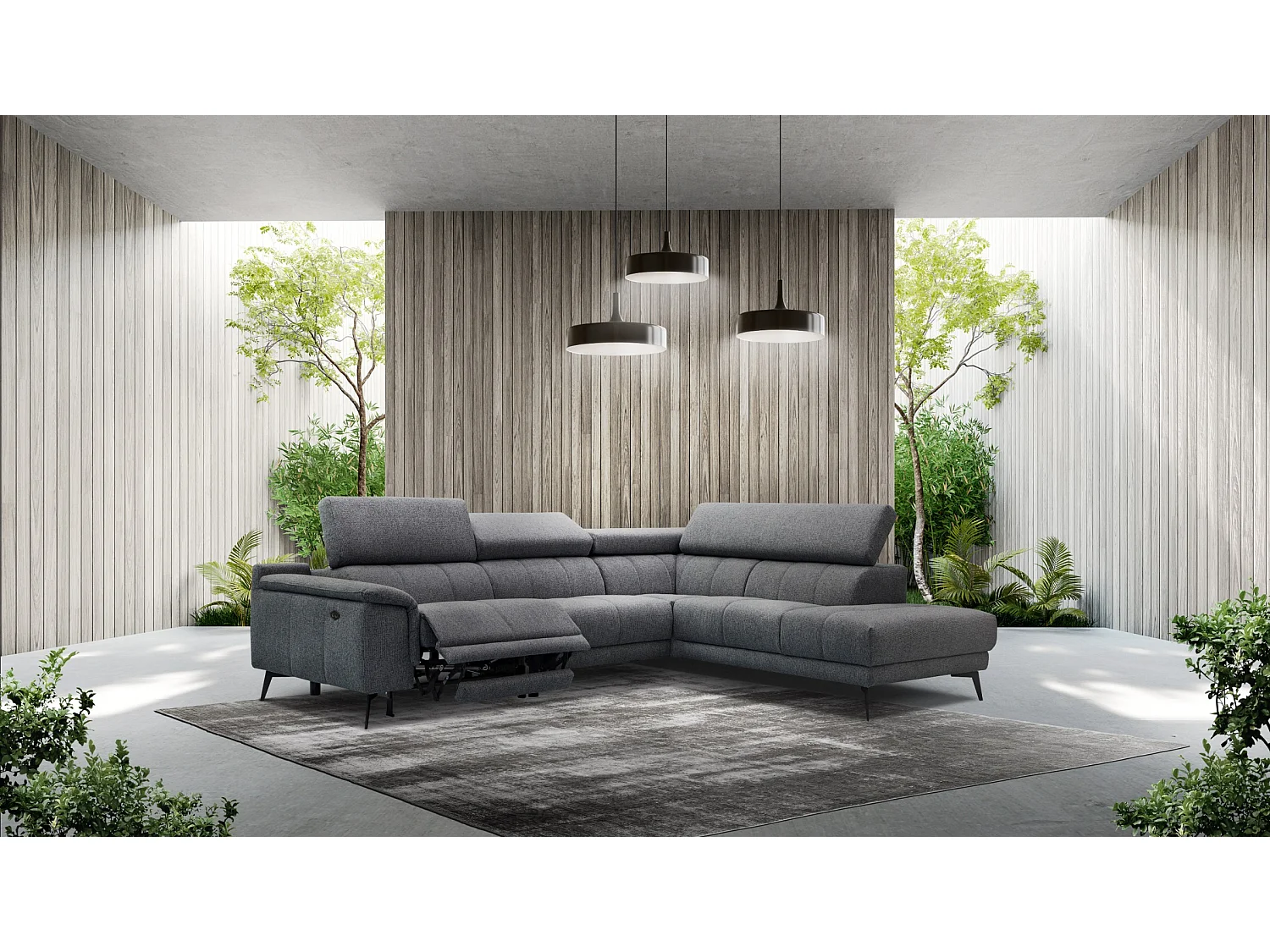 Canapé d'angle 5 places avec un relax électrique tissu gris foncé - FIERO