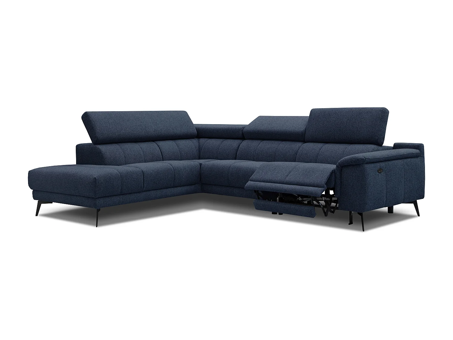 FIERO Ecksofa 5-Sitzer links mit 1 Relaxfunktion und verstellbare Kopfstützen, marineblau