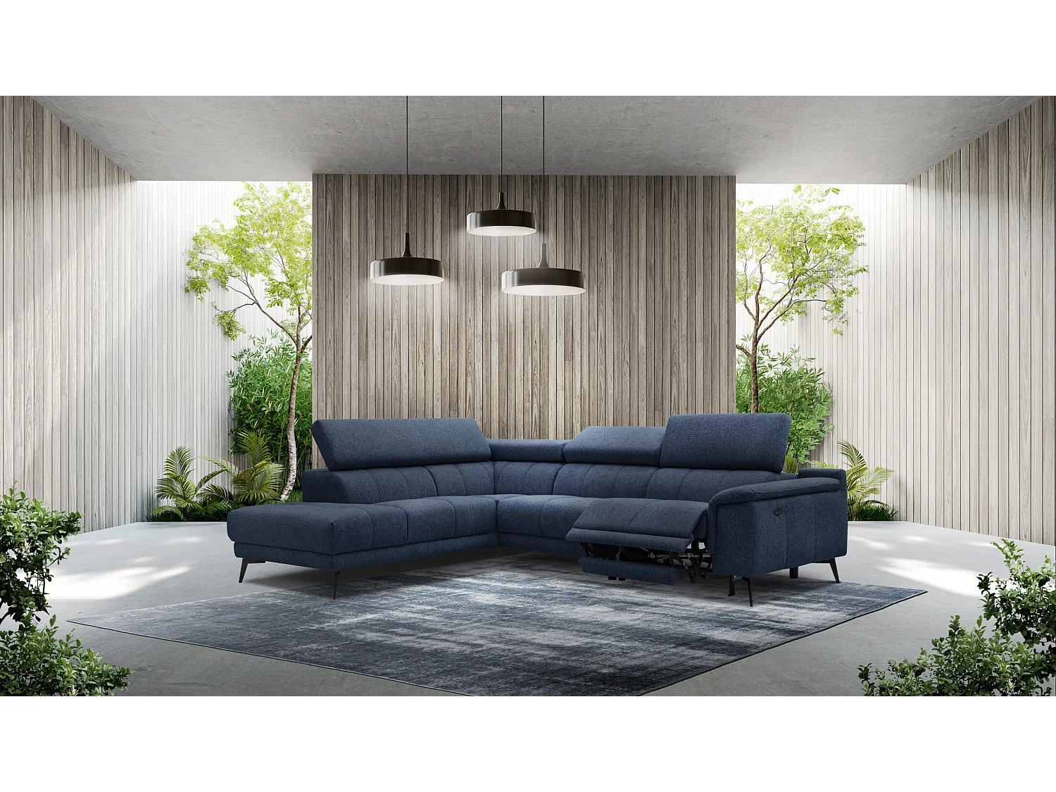 FIERO Ecksofa 5-Sitzer links mit 1 Relaxfunktion und verstellbare Kopfstützen, marineblau