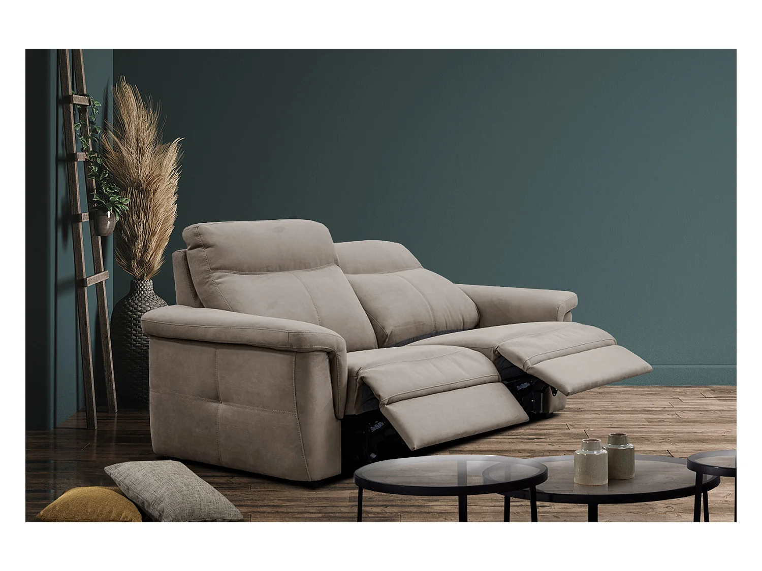 Canapé droit 3 places tissu taupe avec relax électrique - JONES