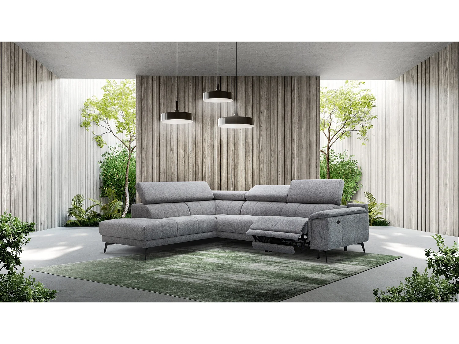 FIERO Ecksofa 5-Sitzer links mit 1 Relaxfunktion und verstellbare Kopfstützen, grau
