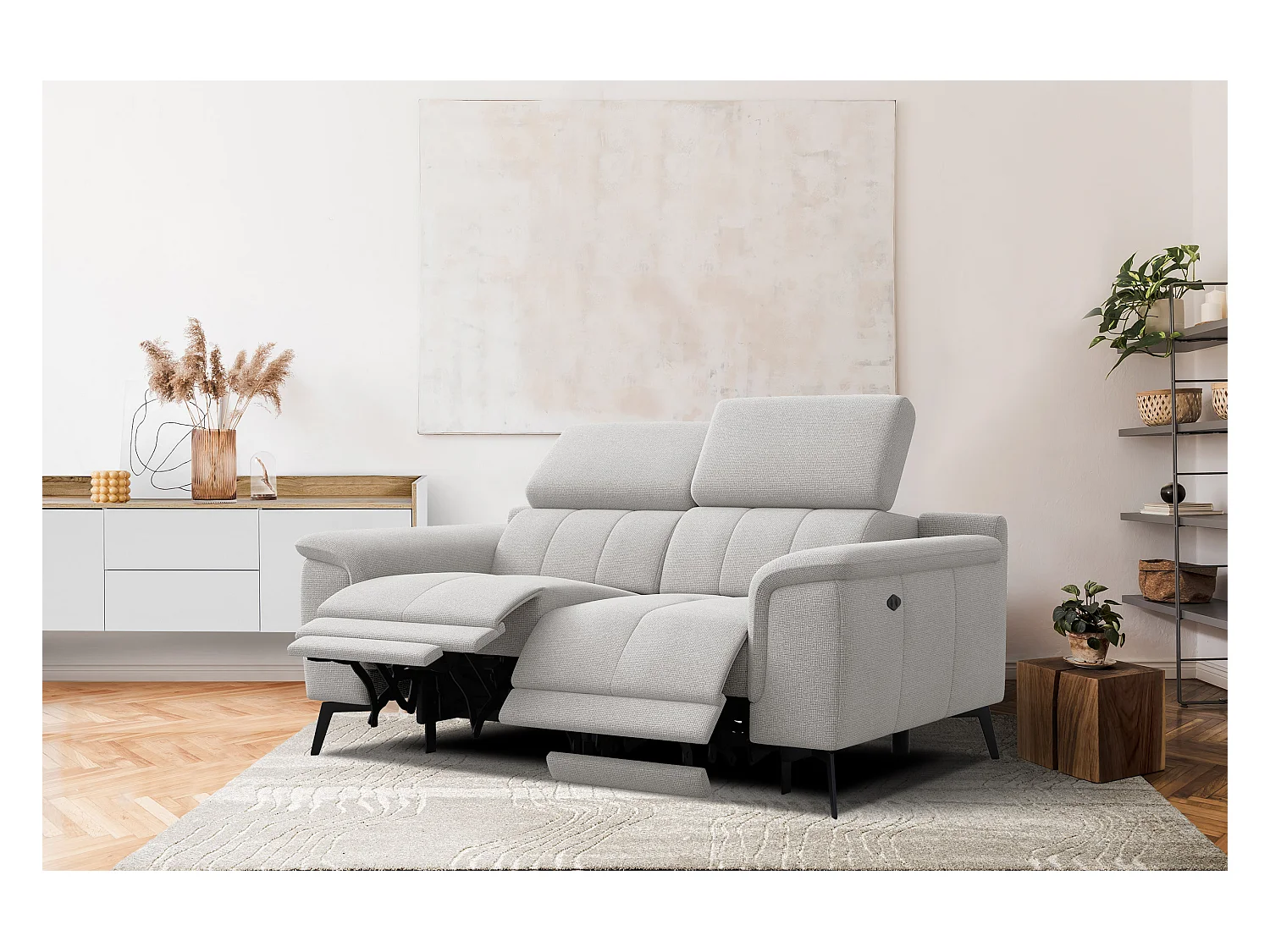 Canapé droit avec 2 relax électriques tissu gris clair - FIERO