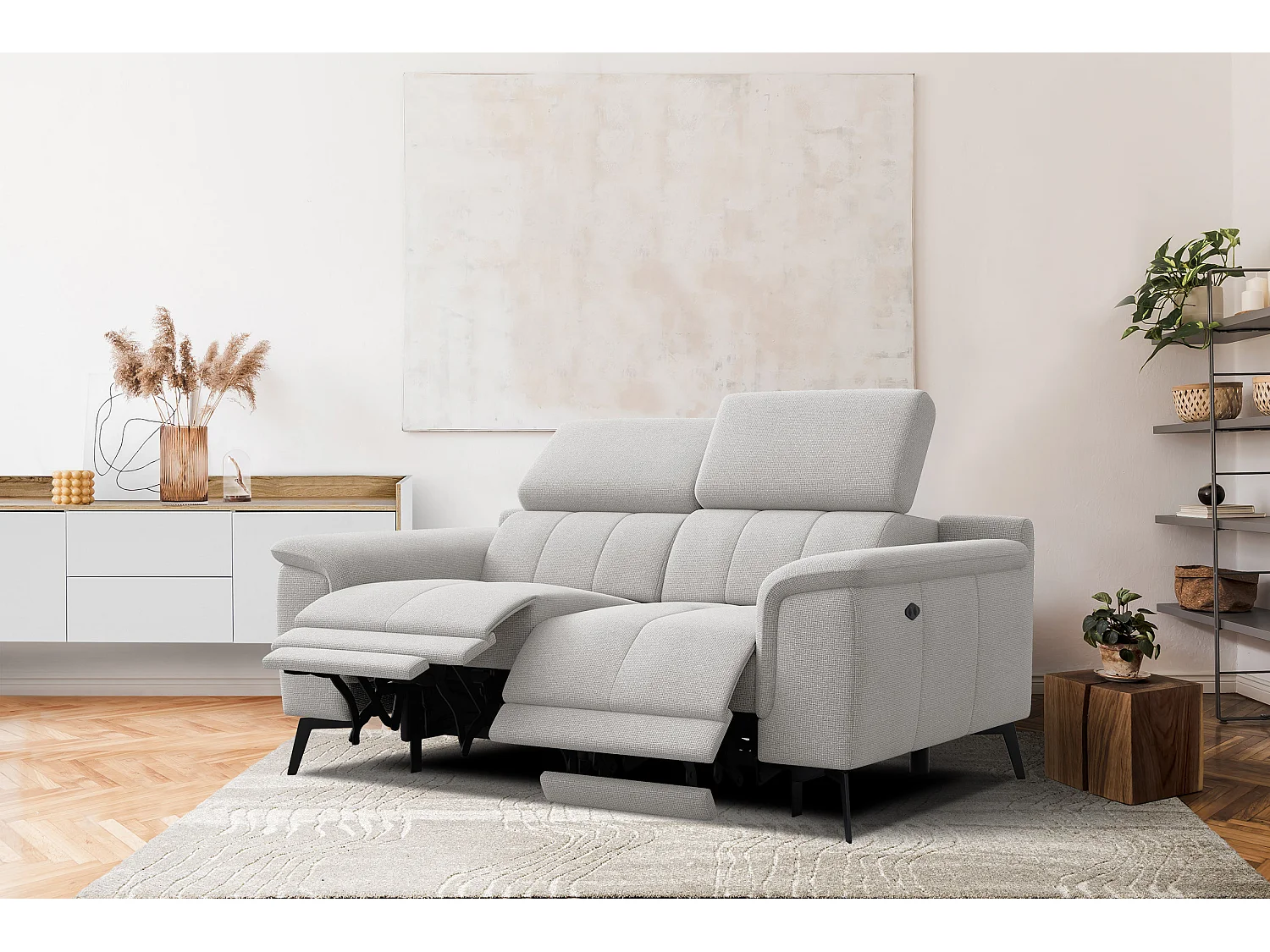 Canapé droit avec 2 relax électriques tissu gris clair - FIERO