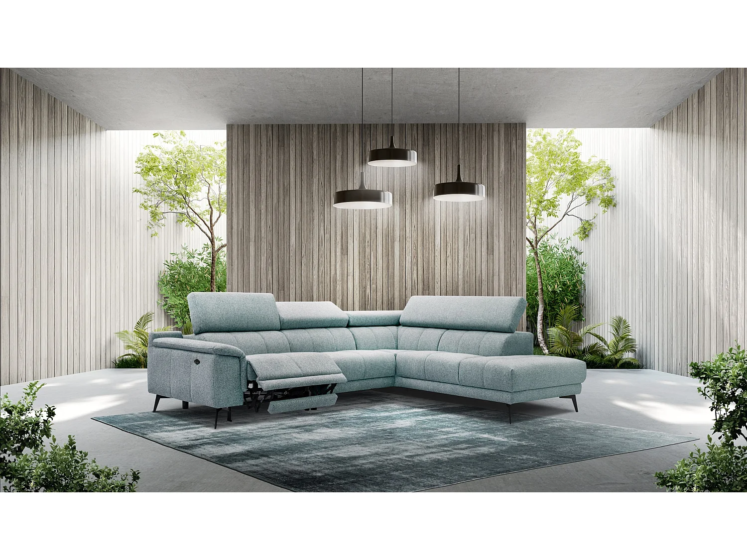 FIERO Ecksofa 5-Sitzer rechts mit 1 Relaxfunktion und verstellbare Kopfstützen, mint