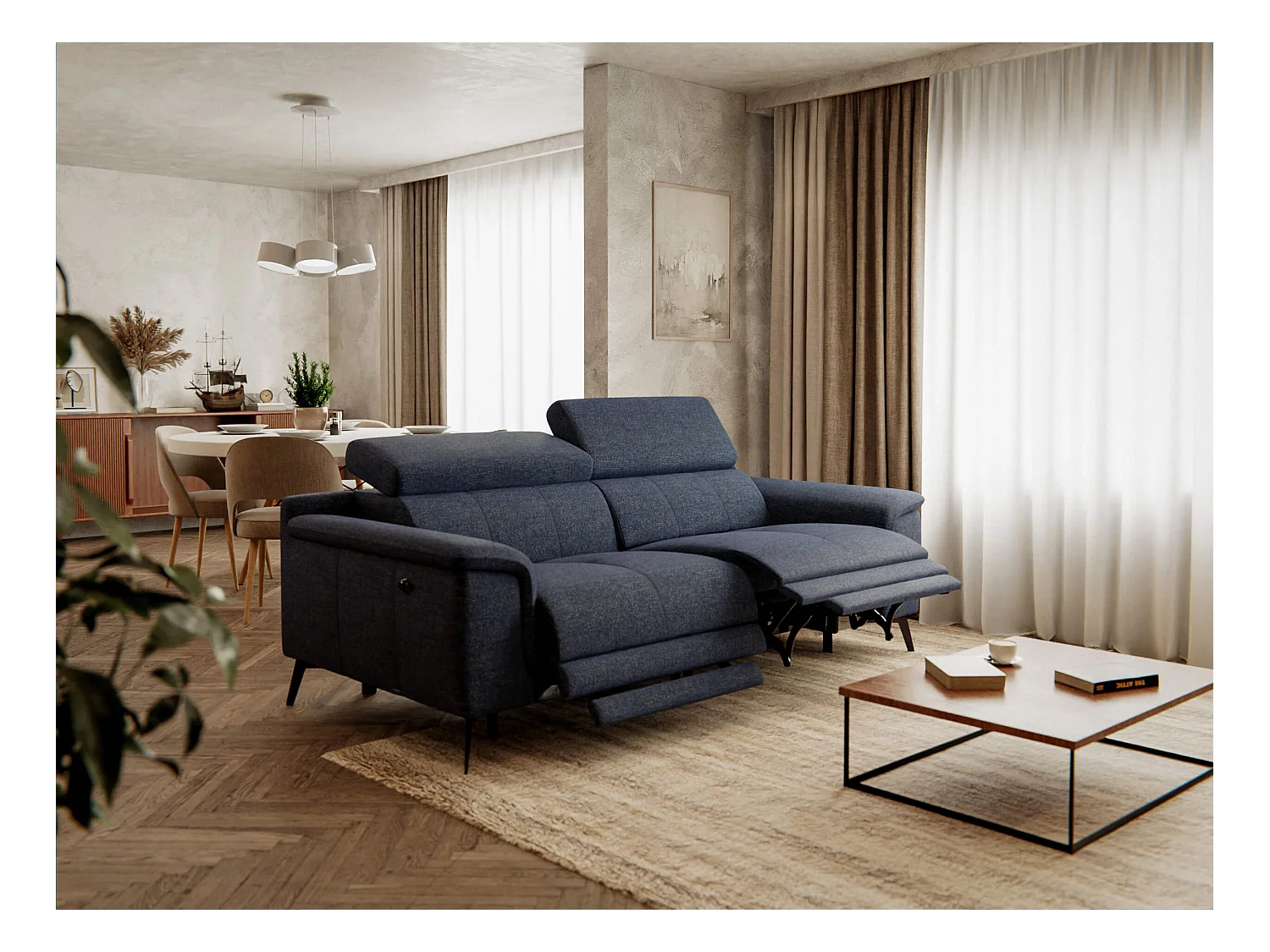 Canapé droit 3 places avec 2 relax électriques tissu bleu foncé -  FIERO