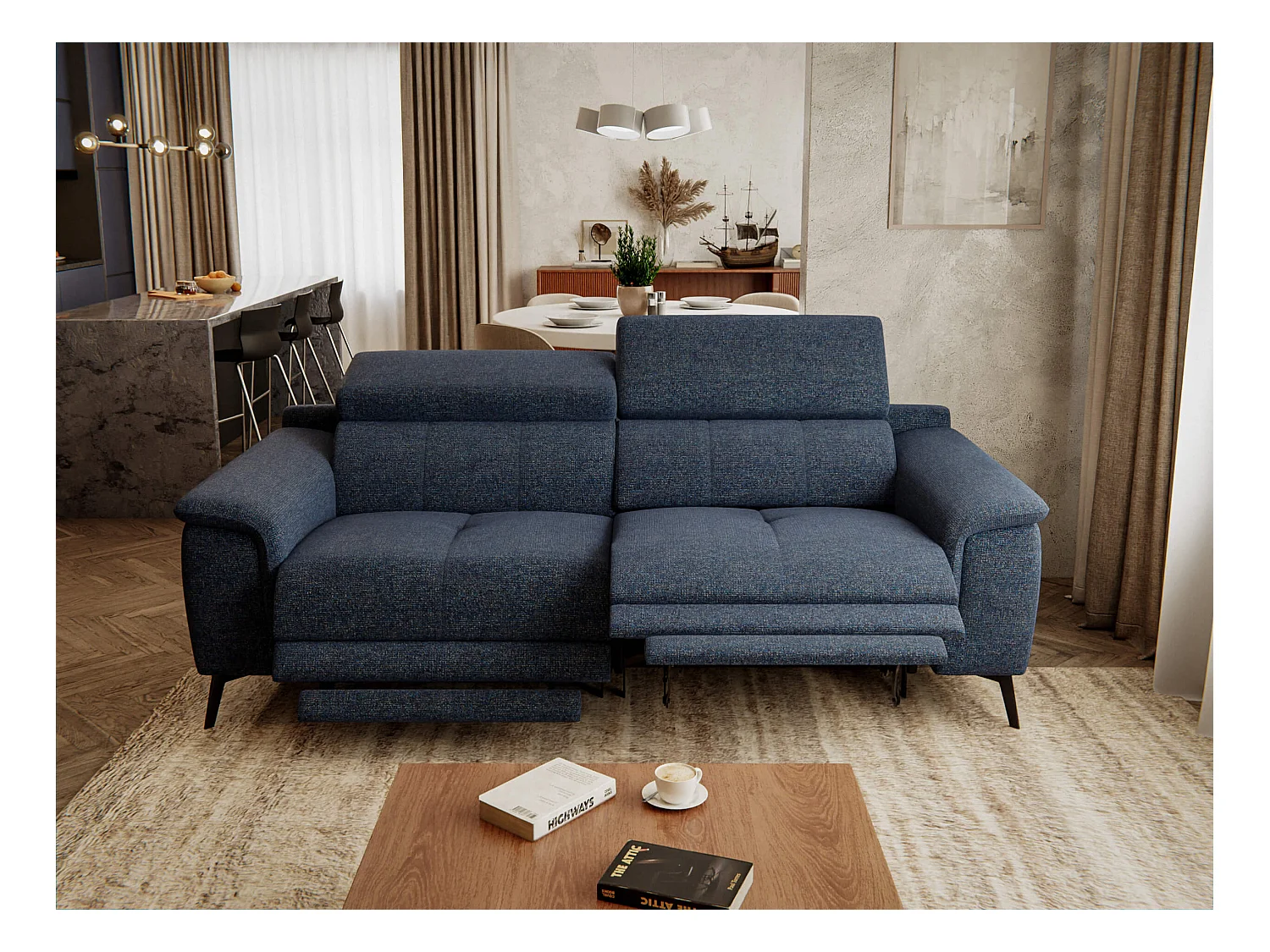 Canapé droit 3 places avec 2 relax électriques tissu bleu foncé -  FIERO